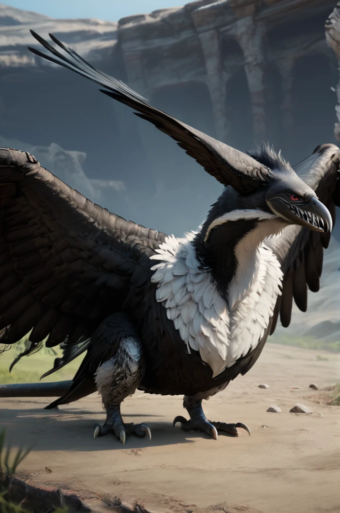 source_furry, score_9, score_8_up, score_7_up, (zuu_xv, monster, giant bird), black feathers, detailed feathers, white fur, detailed fur, red eyes, detailed eyes, sharp teeth, head wings, long neck, claws, tail, wings, feathered wings, <lora:FF_ZuuPony08:0.8>, outdoors, graslands, on ground, zPDXL2, zPDXLpg, zPDXLrl, shaded, best quality, highly detailed, extreme detail, photorealistic