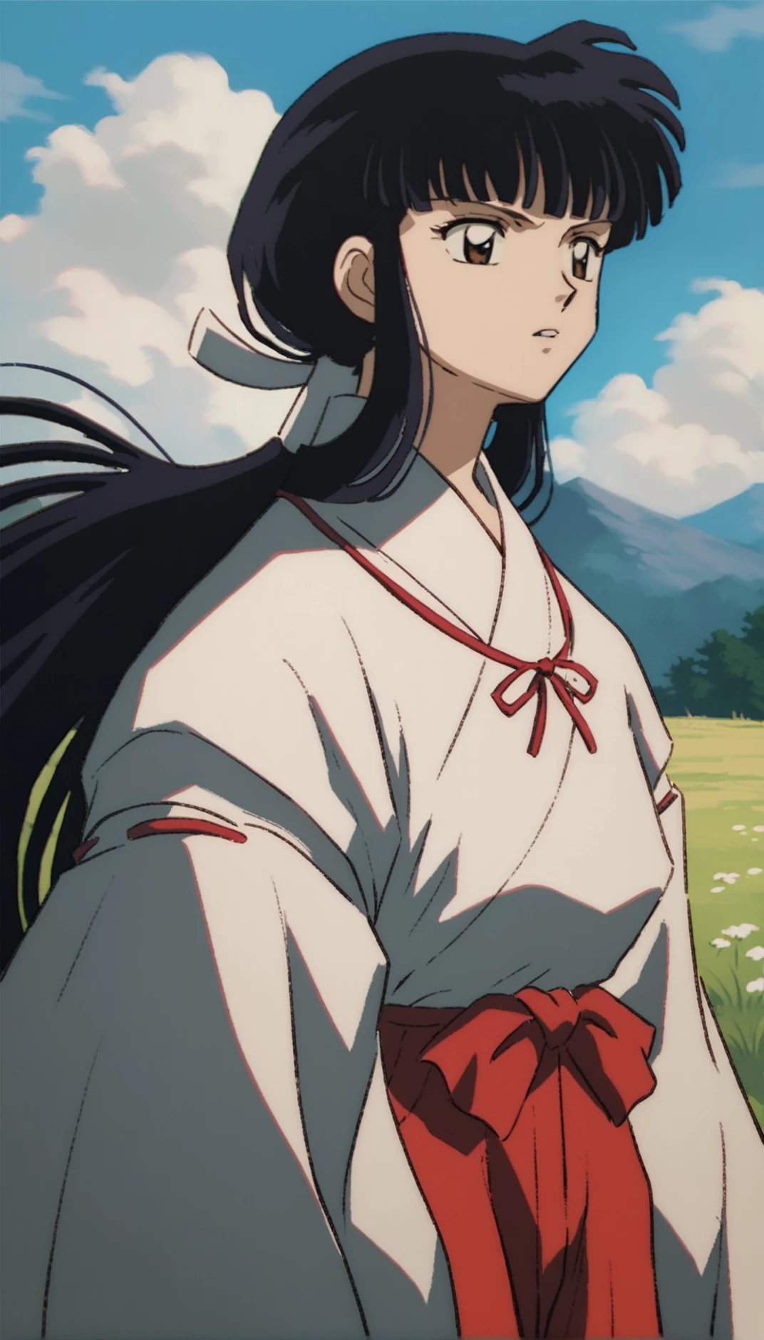 score_9,score_8_up,score_7_up,
<lora:11223kikyo:1>,
oykik,
1girl,solo,black hair,bangs,low ponytail,white scrunchie,
brown eyes,looking ahead,parted lips,
white robe,red ribbon,red bow tie,red hakama,
portrait,
blue sky,cloud,grass,hill,