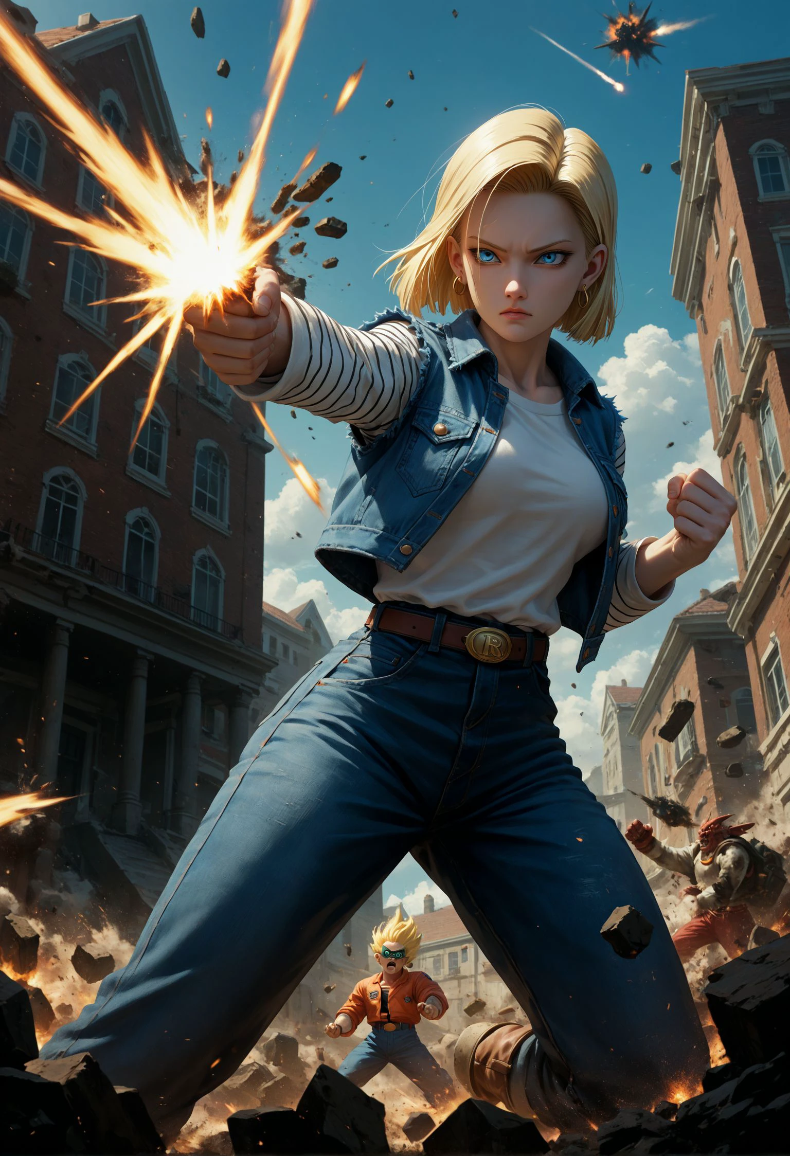 score_9,score_8_up,score_7_up,beast_quality,masterpiece,
large_breasts,android_18,dragon_ball,1girl,blonde_hair,blue_eyes,Broken buildings, fighting postures,hand focus,raise your hand and launch a blast wave to destroy the building explosion,