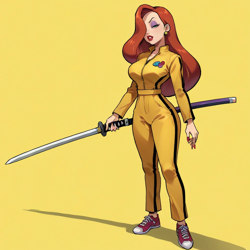 score_9, score_8_up, score_7_up, score_6_up, score_5_up, score_4_up, zPDXL2,source_anime,rating_questionable,1girl, solo,  Jessica Rabbit  ,  <lora:KillBill:0.7> k1llb1ll, katana, holding sword, yellow jumpsuit, sneakers, yellow background