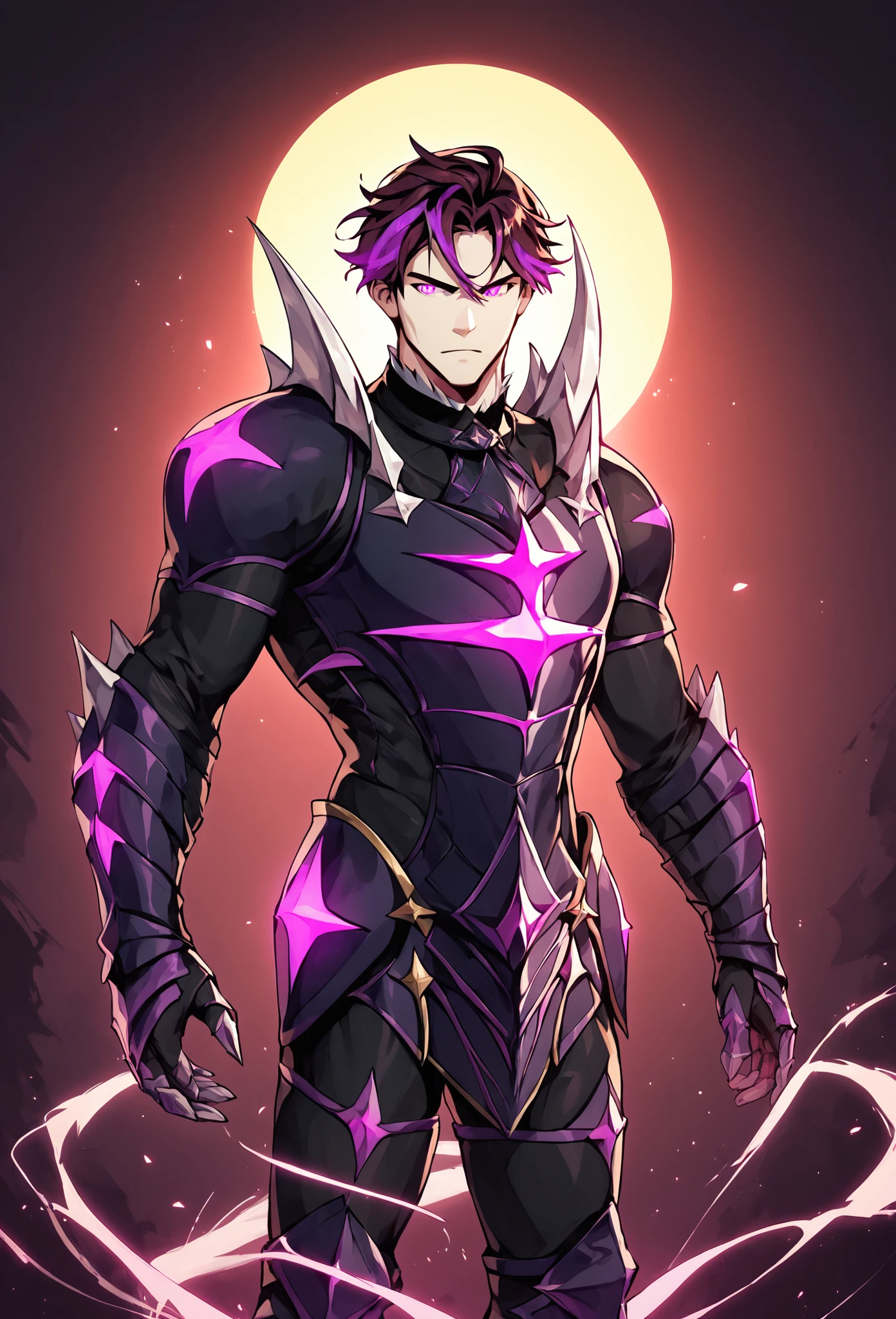 score_9, score_8_up, score_7_up, score_6_up, score_5_up, score_4_up, zPDXL3, 1boy, solo, western comic style, standing, Kayron, spiked shoulders, short brown hair, pale skin, purple eyes, muscular, black armor, glowing purple armor sigils, muscular, lineart, flat color, (floating, midair), dark sky background with purple highlights, masculine, volumetric lighting, shadows, dynamic lighting  <lora:MGS_V2_Pony:0.5> <lora:Kayron_-_Epic_Seven_Pony-000009:0.8>