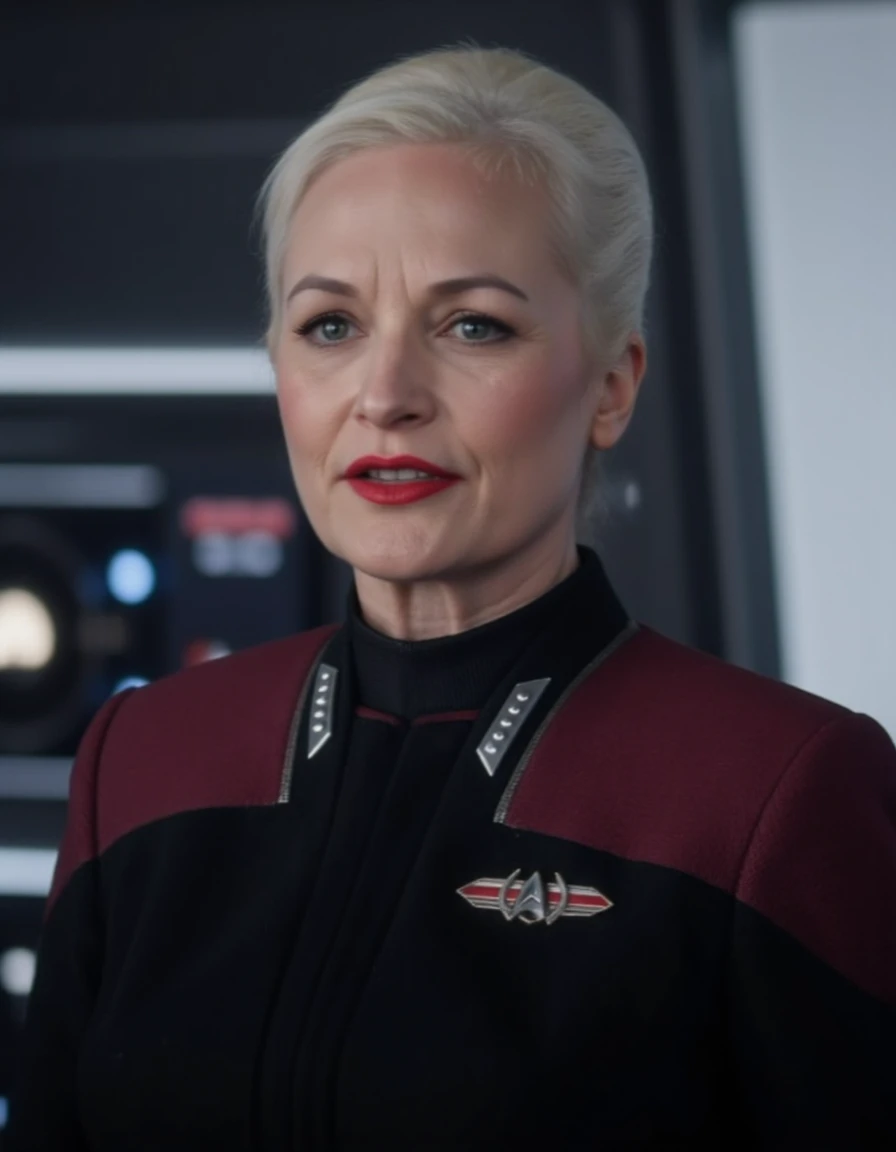 photo realistic,  LizShelby woman with grey hair wearing star trek uniform with red top with star trek badge, full shot, full body <lora:LizShelby_PIC_Flux_v1:1.3>