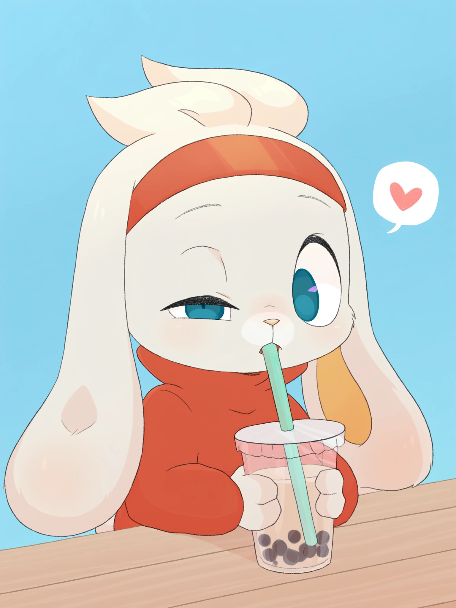 (masterpiece, best quality, very aesthetic, absurdres, artist:threek) (blue background, spoken heart:1.1)
1girl, solo, raboot, rabbit, young, child, red headband, long ears, head tuft, blue eyes, ahoge, pink nose, bubble tea, red sweater, drinking straw, one eye half-closed <lora:Threek_Style_Ill:1>