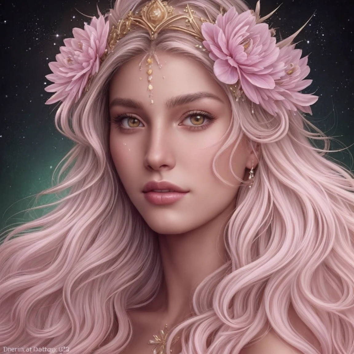 VirgoSign, crown of feathers, woman, face,  woman focus, face beauty, realistic, 8K, ultra quality, elegant, highly detailed, ultra realistic, photograph, <lora:VirgoSign:0.22>, flower background, beautiful celestial background