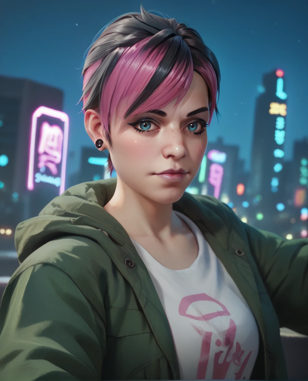 score_9,score_8_up,score_7_up,score_6_up,score_5_up,score_4_up,
Fetchxl,black hair,two-tone hair,pink hair,blue eyes,looking at viewer,
green jacket,white shirt,earrings,
upper body,
neon lights,night,cityscape,
<lora:Fetchxl:0.9>,