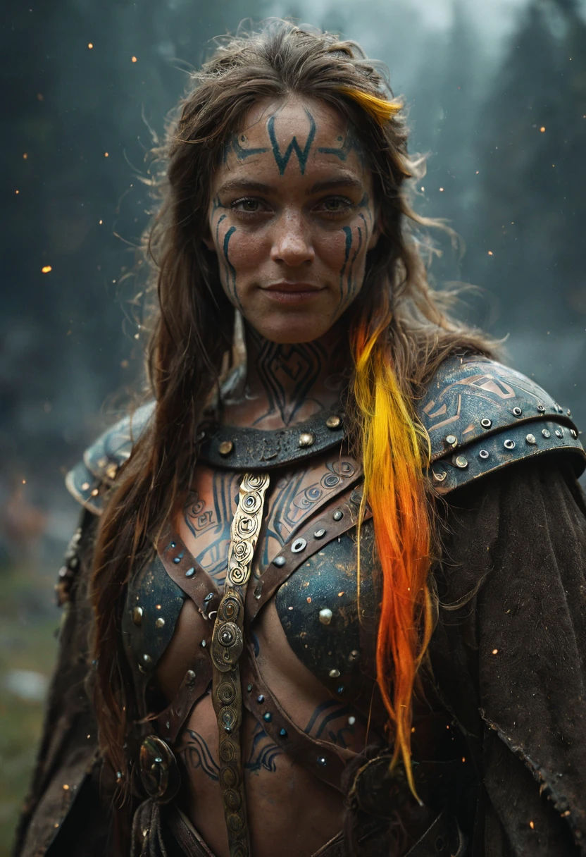 nordic 1girl , (viking:1.1)  warrior, totaled, skinny, armor,  light smile (golden  intricite runes tattoos on the neck:1.3),  sharp facial feathers,   voluptuous, vivid colors ,  (bokeh, particle efects:1.2), (dark background), cinematic still, (gold highlights:1.3), looking looking at viewer, DOF, cinematic, vivid, vibrant, (hard light:1.4), .score_9, score_8_up, score_7_up,score_6_up, rating_safe