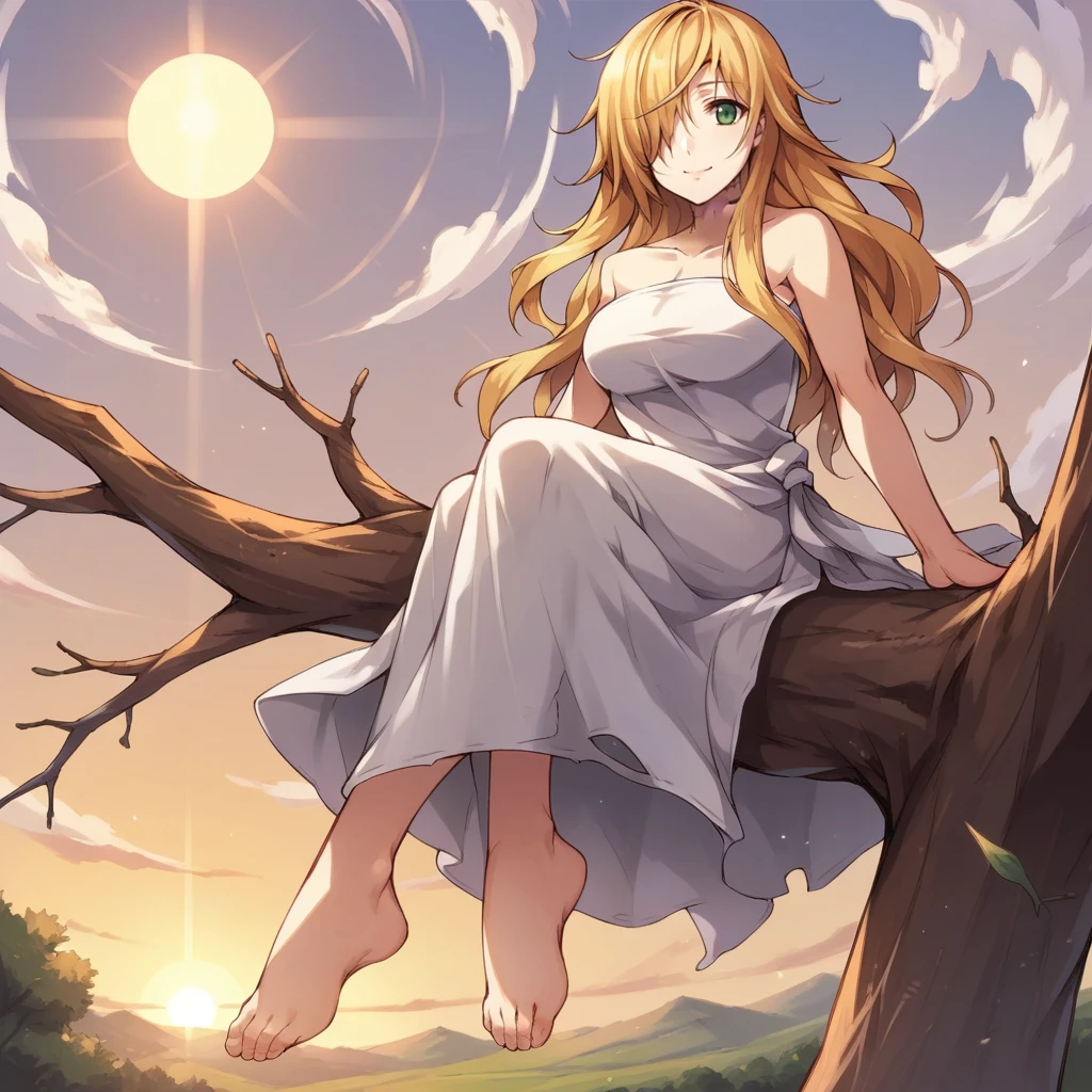 score_9_up, score_8_up, score_7_up, source_anime, 1girl, solo, sun light, clouds, sky, field, sitting on tree branch, from below, looking at you, gentle smile, hair over one eye, from side, angled shot, windy, Marie, long hair, blonde hair, green eyes, bare shoulders, strapless dress, white dress, scar on neck, collarbone,  mature body, dynamic cowboy shot, 