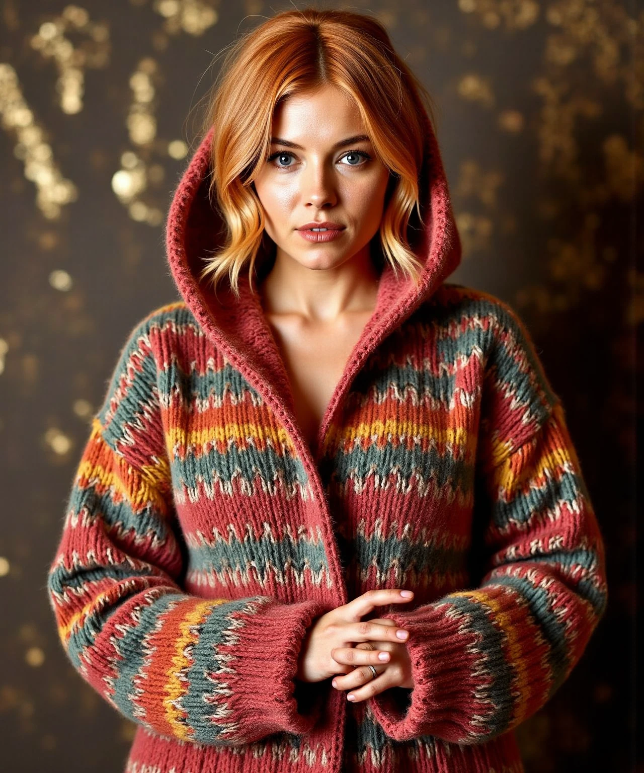 In this vibrant and opulent full-body portrait, model girl, with striking red hair, is dressed in a colorful oversized knitted jumpsuit with a hood, blending Nike's sporty aesthetic with Russian and knitted style influences. The jumpsuit is a maximalist masterpiece, featuring intricate patterns and rich textures that showcase the craftsmanship.  face is a focal point, with detailed attention given to her expressive eyes, delicate features, and elegant hands. The textured background complements the richness of her attire, while the subtle integration of "VOGUE" reinforces the image's status as a high-fashion magazine poster. Dramatic lighting and a dynamic composition, with Sasha in a confident stance, create a sense of grandeur and sophistication, perfectly capturing the essence of elite fashion. Back text: 'VOGUE' Below: 'Golubeva'