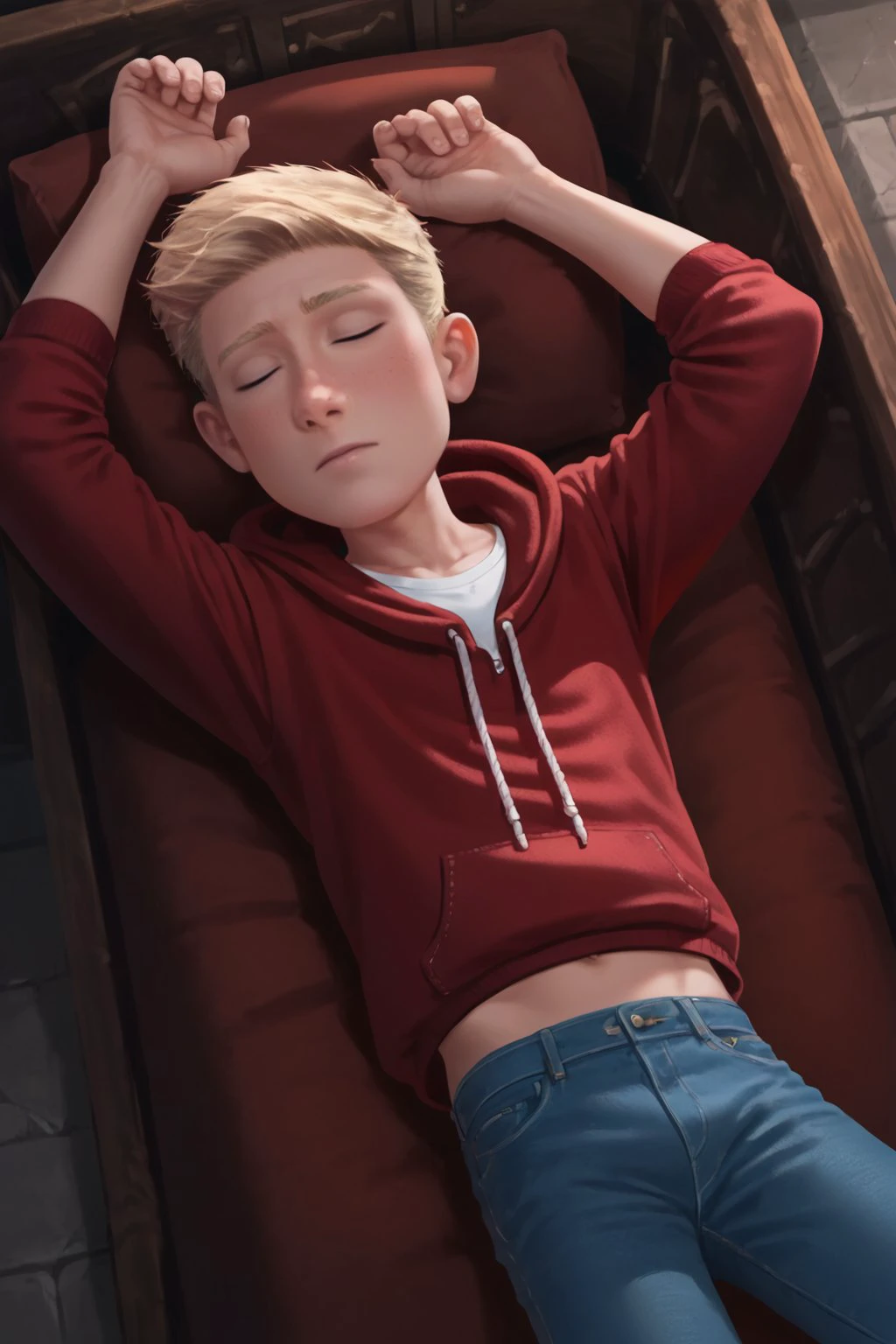 score_9, score_8_up, score_7_up, Smooth Boys Style, 1boy, young, skinny body, solo, male focus, Tony Thompson, blue eyes, Blonde hair, Red hoodie, jeans, lying in the stone coffin, coffin, sleep, closed eyes, detailed shading, detailed skin, shaded skin, realistic shading, looking at viewer, Expressiveh, Castel, indoors, <lora:add-detail-xl:0.7>, <lora:Expressive_H:0.8>, <lora:Tony_Thompson__The_Little_Vampire:0.8>, <lora:NAI3 Smooth Boys Style LoRA_Pony XL v6:0.8>