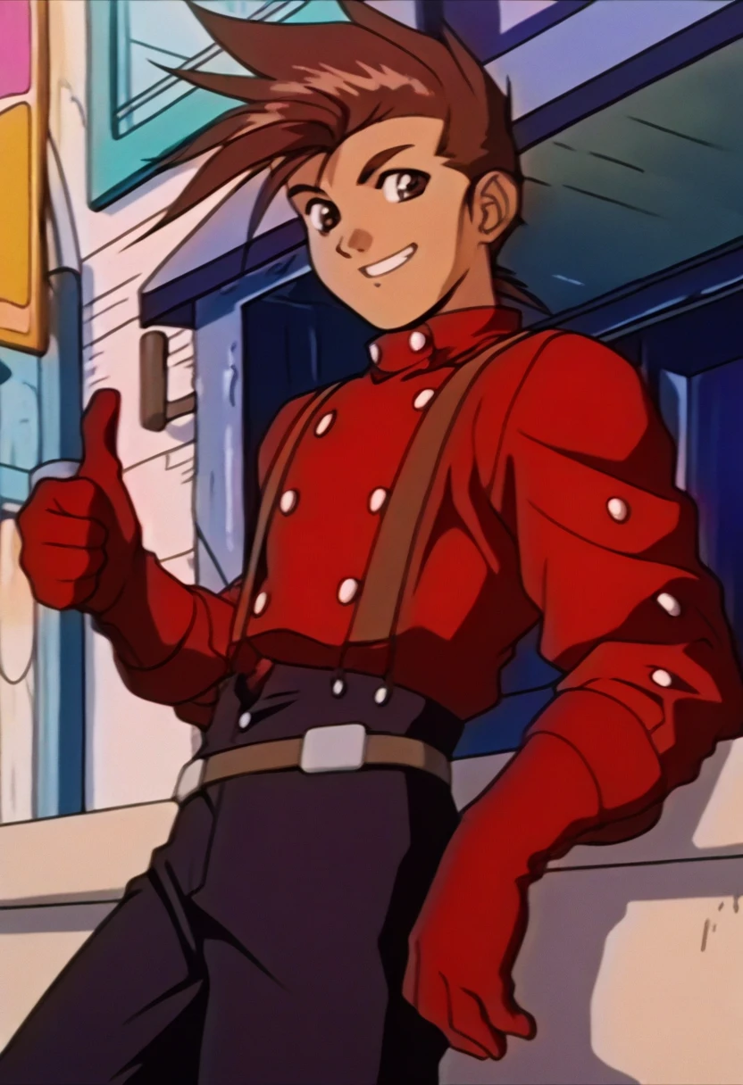 masterpiece, best quality, 1boy, <lora:FeOVA_GLoRA-illus_Fp:1> retro artstyle, <lora:LloydToS-illu:1> defLloyd, brown hair, spiked hair, brown eyes, red jacket, long sleeves, red gloves, suspenders, black pants, belt, from side, looking at viewer, grin, wink, thumbs up, leaning back, casual, city