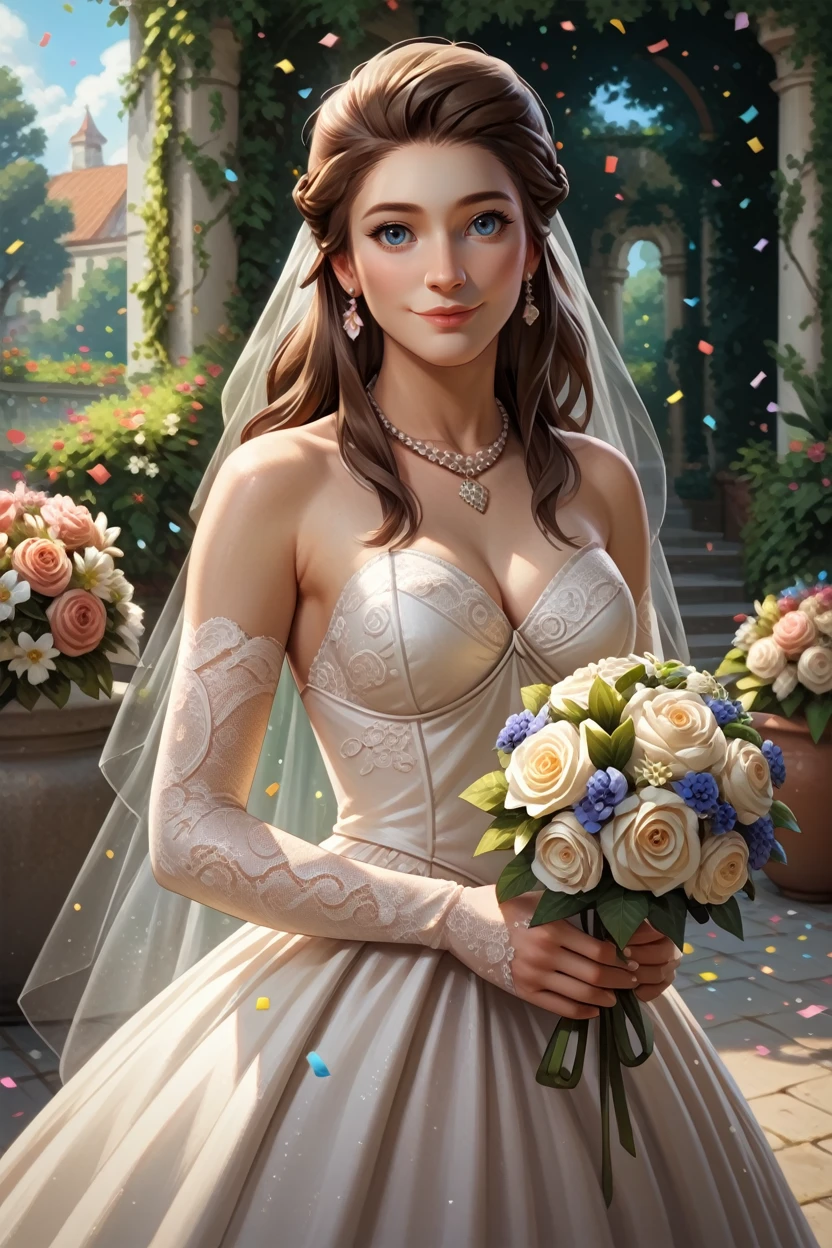 score_9, score_8_up, score_7_up, score_6_up
<lora:GOTElaena:0.8>
GOTElaena, 1girl, brown hair, long hair, blue eyes, looking at viewer, garden, wedding dress, necklace, smile, bouquet, day, confetti, cowboy shot, standing