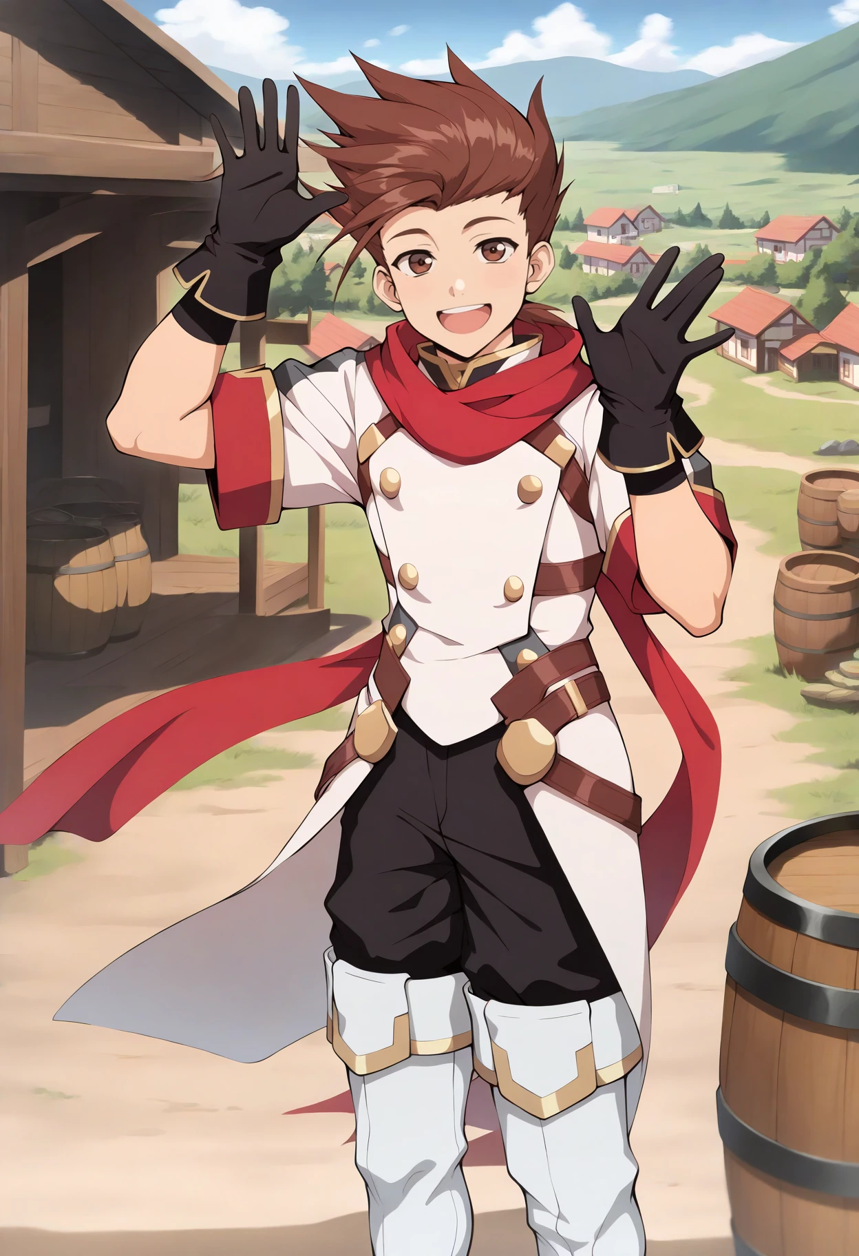 masterpiece, best quality, 1boy, looking at viewer, :d, waving, hand up, <lora:LloydToS-illu:1> fngLloyd, brown hair, spiked hair, brown eyes, red scarf, white jacket, short sleeves, black gloves, black pants, thigh boots, white footwear, village, barrel, path