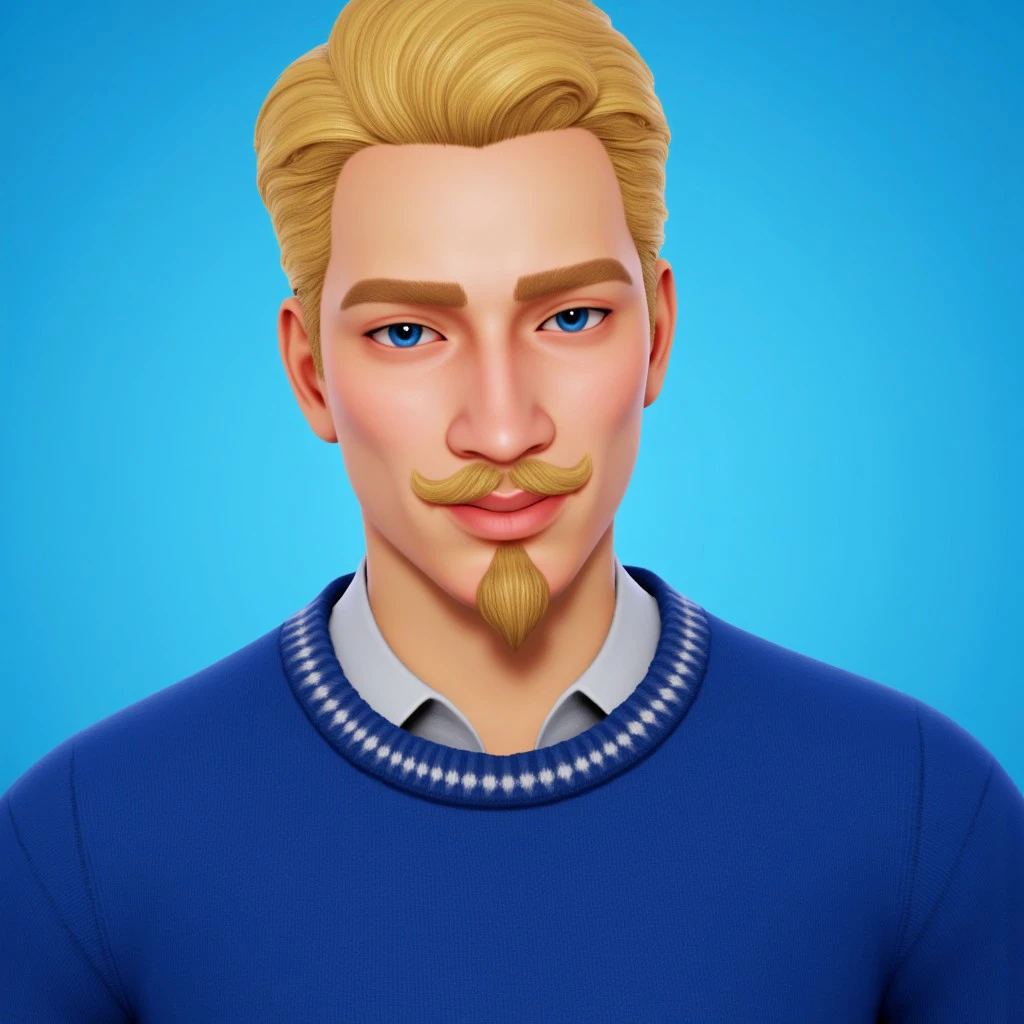 Inzoi style,solo,posing,looking at viewer,blue background,portrait,1man, blonde hair, blue eyes, goatee, moustache, blue pullover