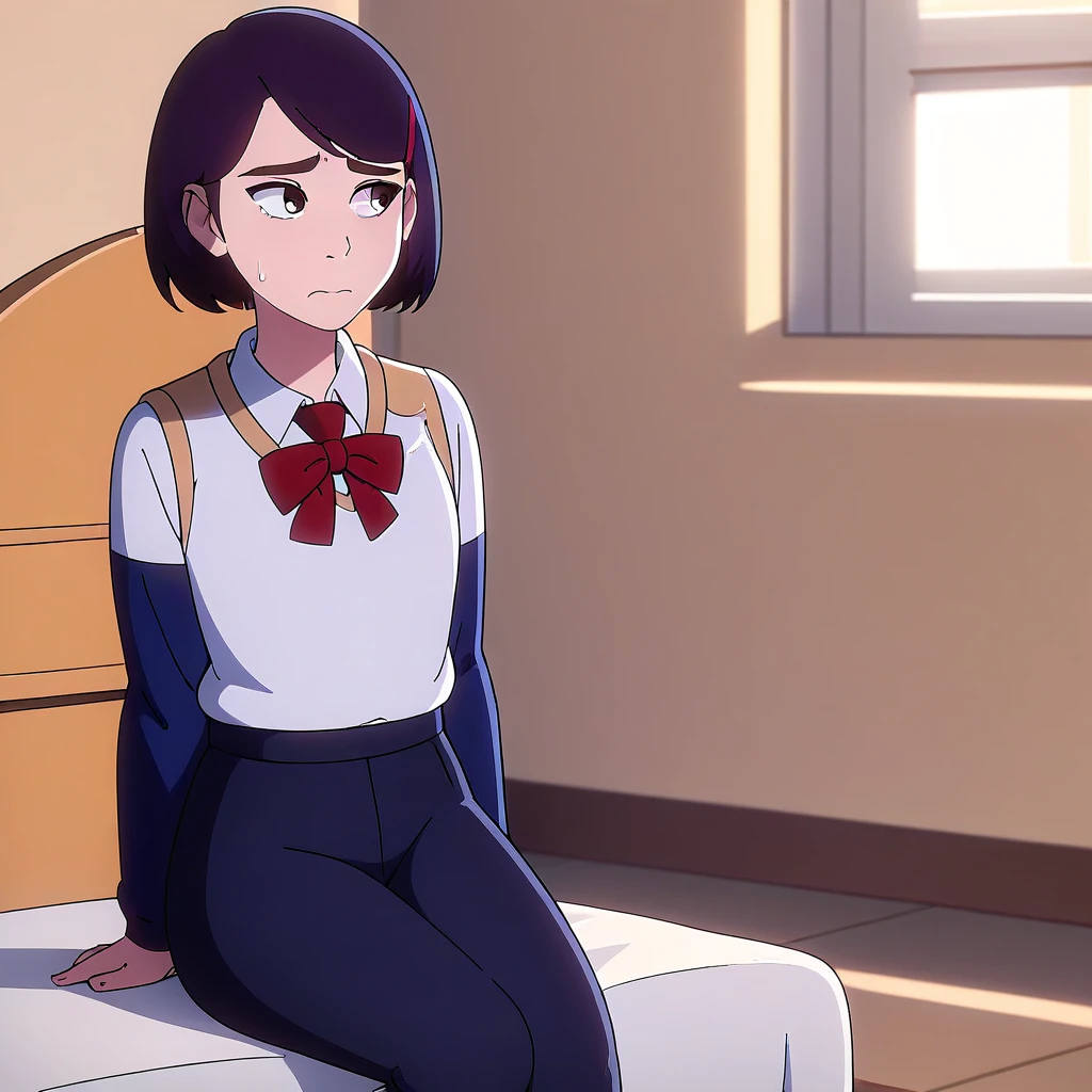 masterpiece, best quality, maddiekim, 1girl, school uniform, white shirt, blue sleeves, black jeans, sitting on bed, bedroom, arm support, shy, nervous, looking away, plusiesh, furniture