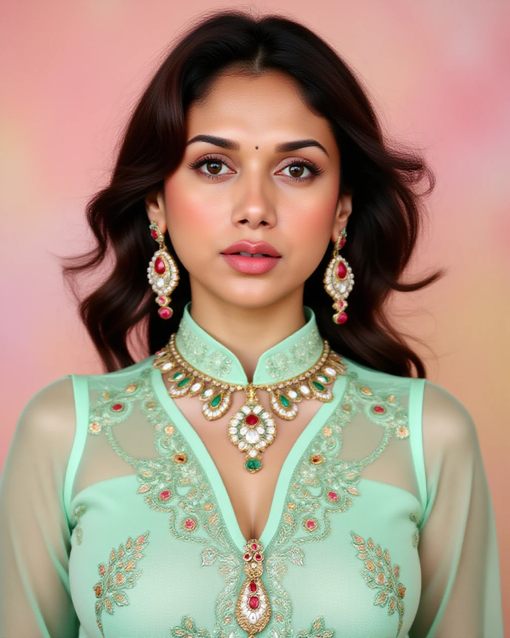 cowboy shot photo of Aditi Rao Hydari woman,candid photo with natural colors, pouting expression on face,studio quality, wearing intricate conservative turtleneck Mint Green Gota Patti Suit (Rajasthani embellished dress), curls, pastel shaded multicolored background, cinematic soft lighting<lora:TestBed\Aditi_Rao_Hydari_Flux_Kohya_LoRA_v1.safetensors:0.9:0.9>