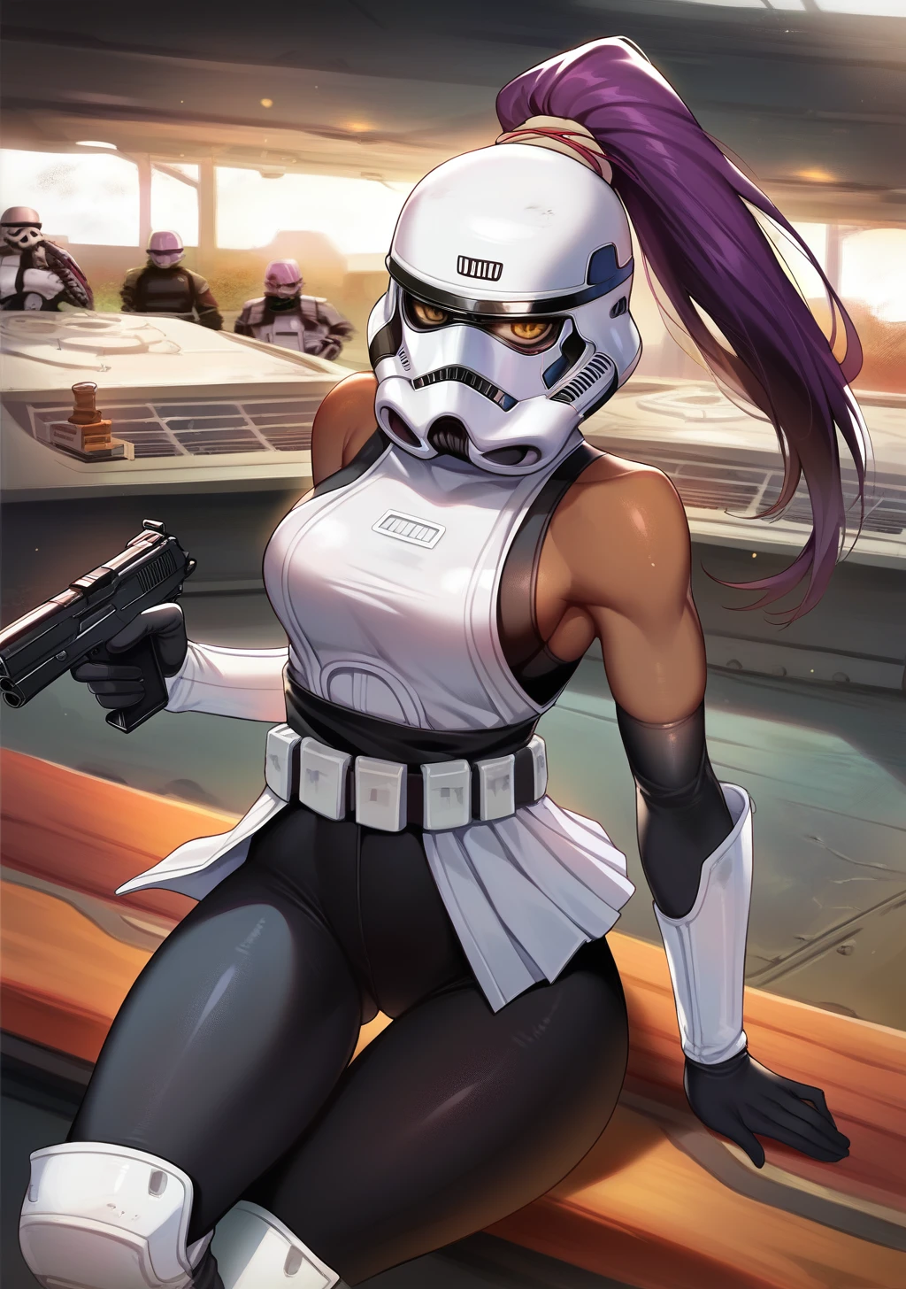 score_9, score_8_up, score_7_up, score_6_up, score_5_up, score_4_up, masterpiece, high quality, BREAK, full body, BREAK, 1girl,  <lora:Storm Trooper Outfit:0.9> Stormtrooper outfit, white helmet, white outfit, white armor, gun, solider, <lora:Yoroichi (Bleach):0.9> Yoruichi Shihouin, dark skin, tanned, purple hair, slender, black bodysuit, bare shoulders, thigh highs, ponytail,