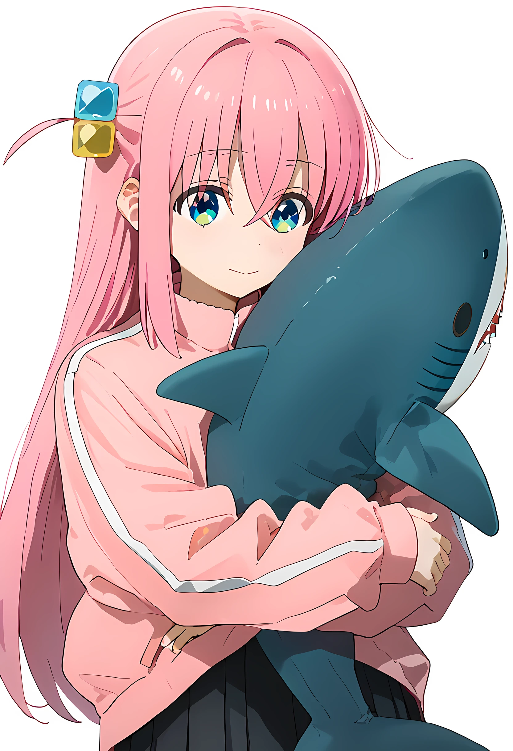 score_9, score_8_up, score_7_up, 1girl, solo, hitori gotou, blue eyes, cube hair ornament, hair between eyes, hair ornament, pink hair, one side up, long hair, black skirt, jacket, long sleeves, pink jacket, pleated skirt, skirt, track jacket, hugging, shark, stuffed shark, simple background, <lora:Hugging_shark:1> <lora:hitori-gotou-s1-ponyxl-lora-nochekaiser:1>