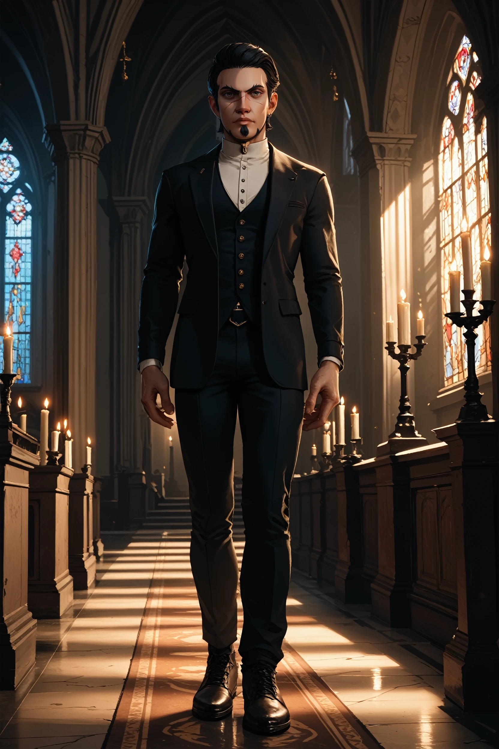 score_9, score_8_up, score_7_up,
<lora:WolfGrendel:0.8>
WolfGrendel, 1boy, black hair, short hair, beard, scar, looking at viewer, Gothic cathedral interior with candlelight, dynamic lighting, mysterious and dark, standing, full body