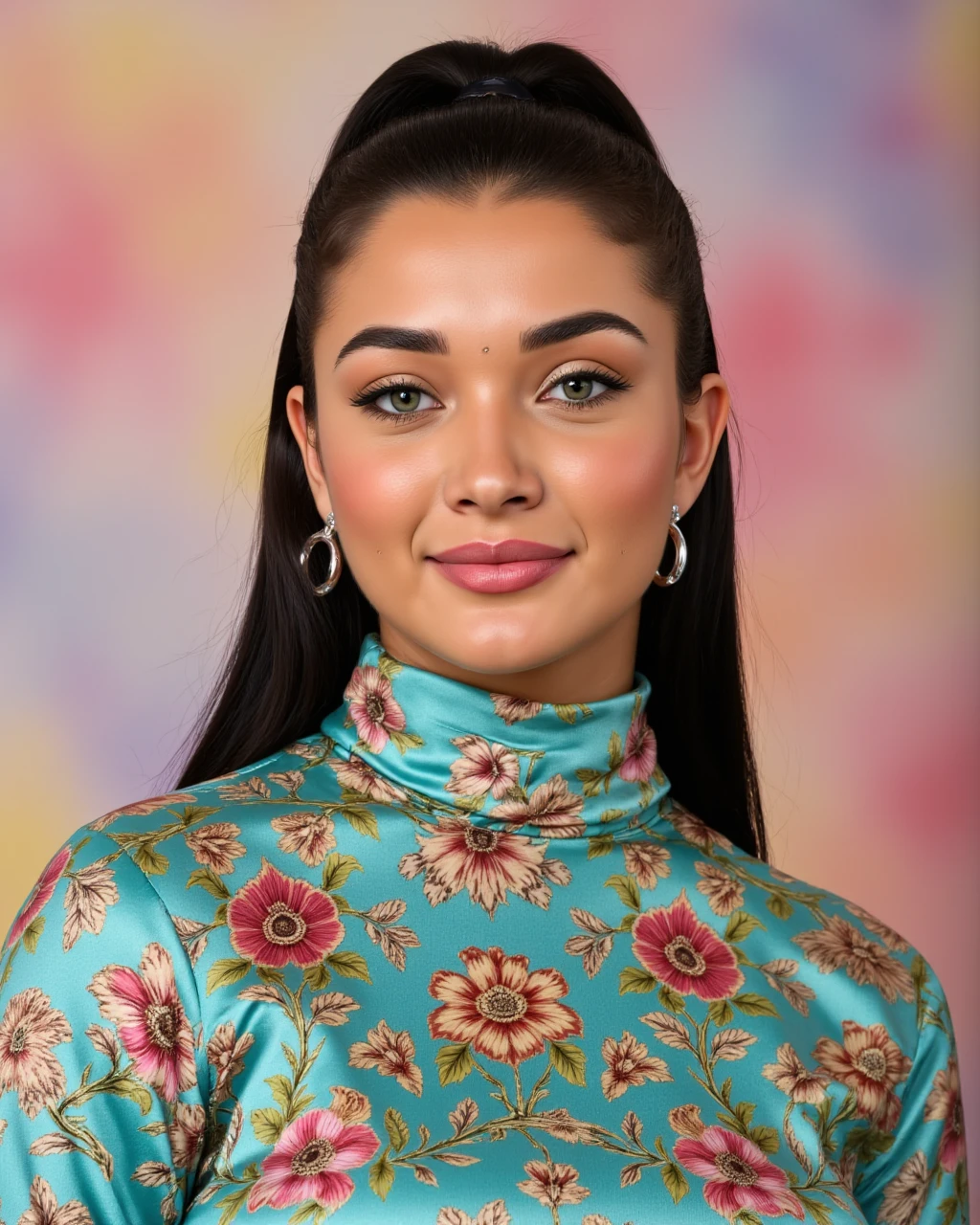 headshot photo of Amy Jackson woman,candid photo with natural colors, grinning expression on face,studio quality, wearing intricate conservative turtleneck Teal Kalamkari Dress (hand-painted fabric), high ponytail, pastel shaded multicolored background, cinematic soft lighting<lora:TestBed\Amy_Jackson_Flux_Kohya_LoRA_v1.safetensors:1.0:1.0>