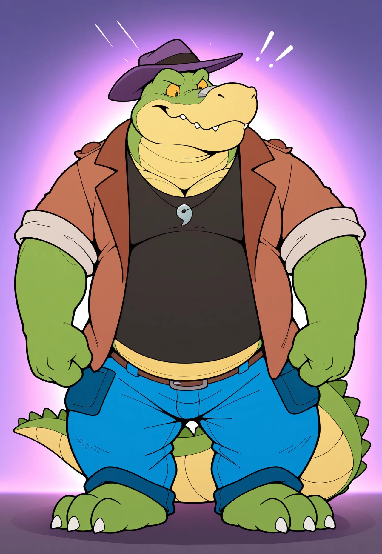 masterpiece,best quality,amazing quality,3_toes, 4_fingers, alligator, brok,necklace, purple hat, headgear, male, pants, reptile, slightly_chubby, solo,furry