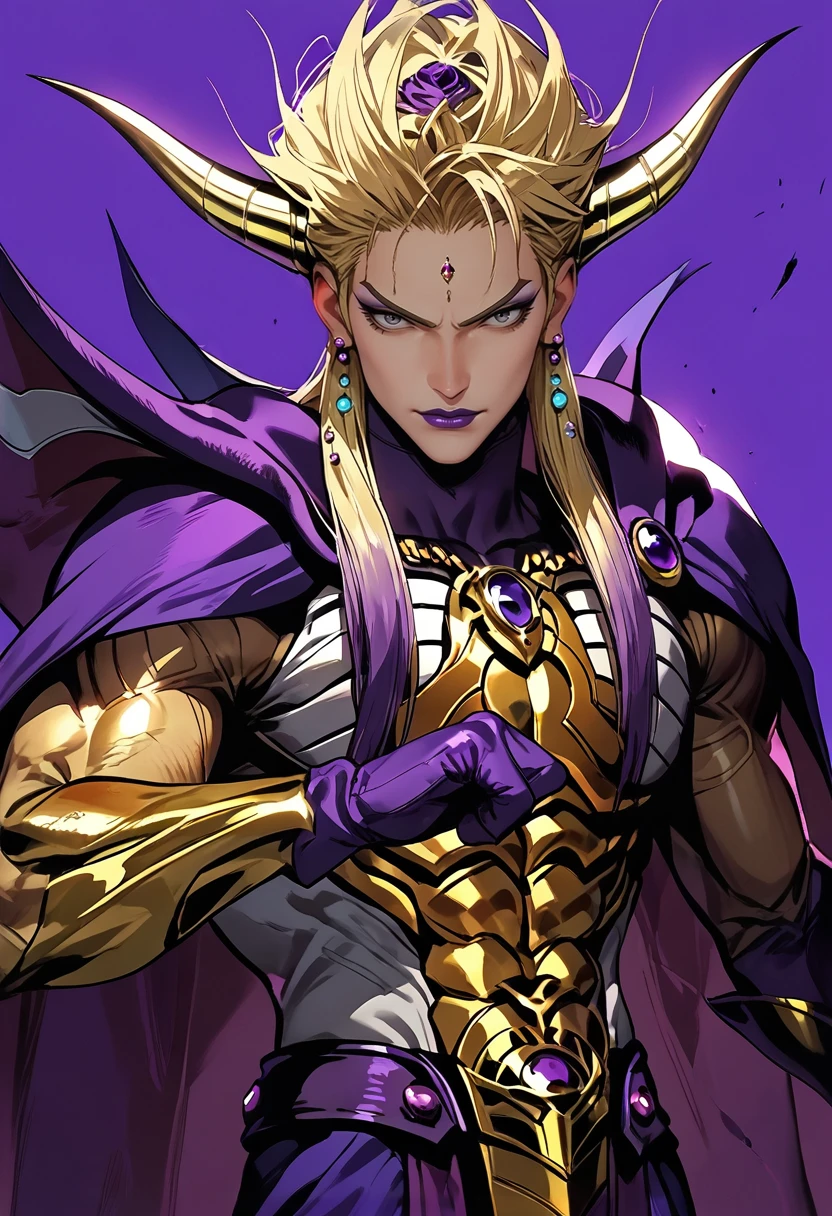 score_9, score_8_up, score_7_up, (masterpiece:1.2), (best quality:1.3), source_anime, 1boy, muscular, fighting stance, <lora:Emperor_Mateus_Final_Fantasy:0.68> empmat_ff, makeup, purple lipstick, cape, gold armor, gloves, looking at viewer, simple background, portrait, multiple arms, extra arms, low light, dark, dim, cinematic lighting, high contrast, rim lighting, ray_tracing, global illumination, glow