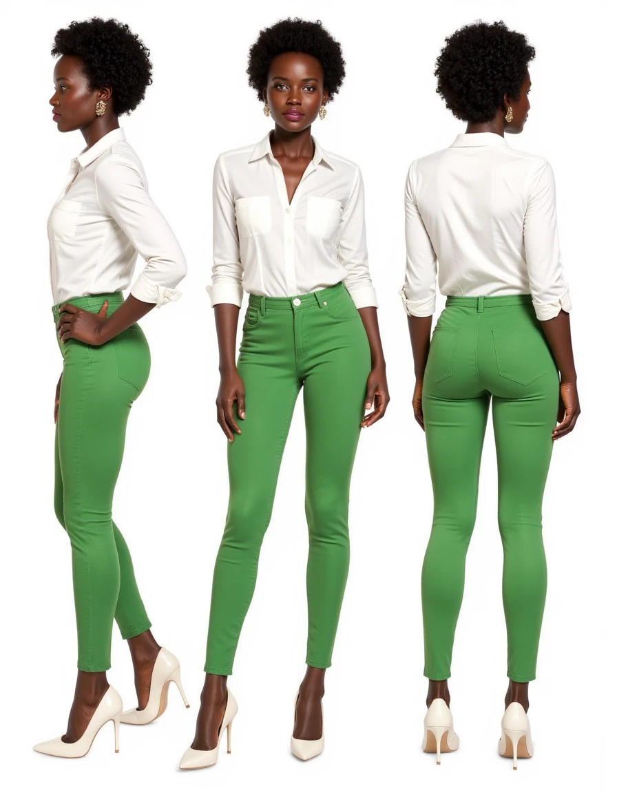 lupita-nyongo, characterDesignSheetQuiron, a character sheet with multiple views, she is wearing a white shirt and green pants with white high heels   <lora:flux_lupita-64:1.2> <lora:CharacterDesignSheetQuiron_FLUX:1>