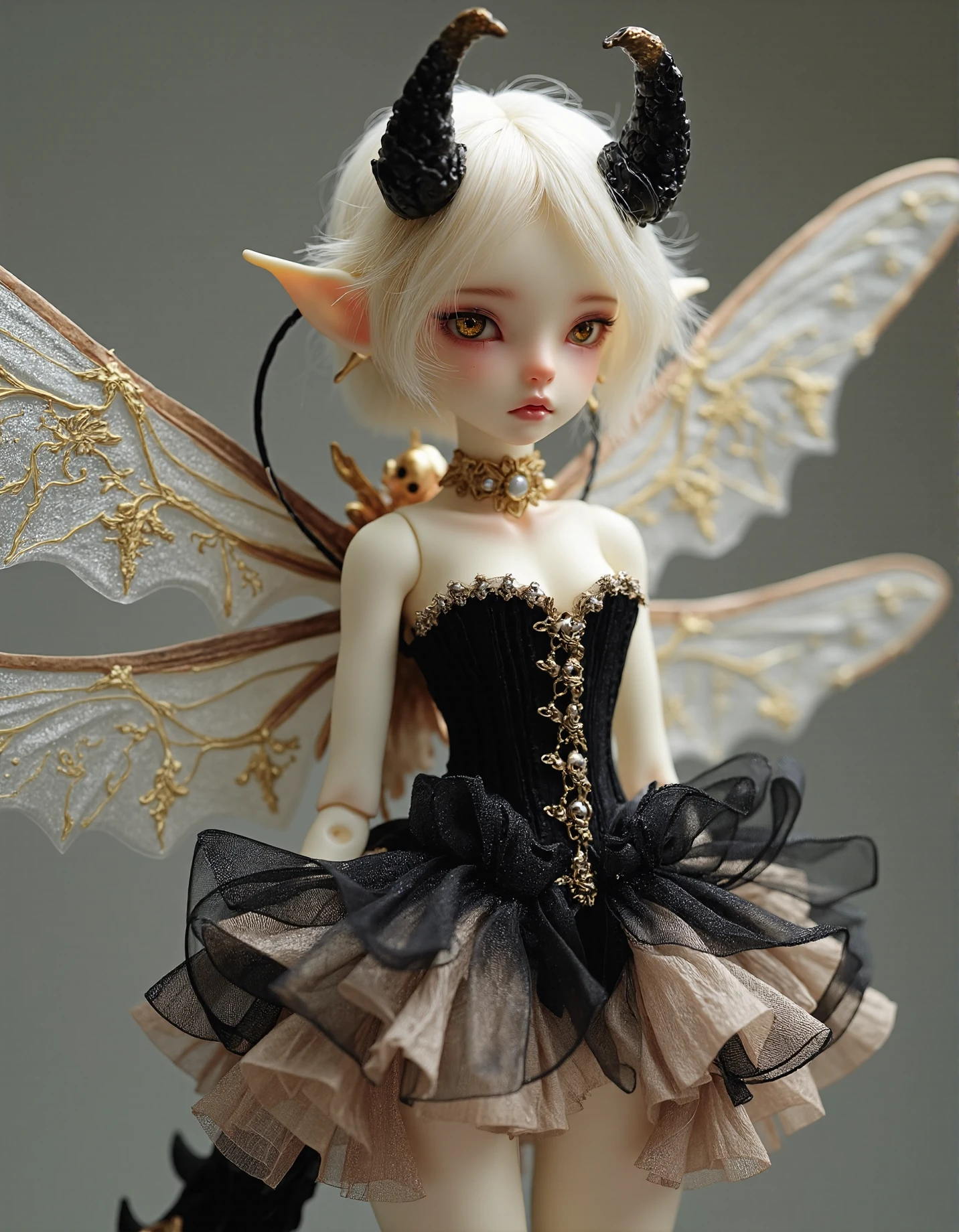 bjd doll, a fantastical female character with a mix of insect and human features. She has large, translucent, dragonfly-like wings with intricate gold detailing. Her skin is pale, and she has short, blonde hair adorned with a black, horn-like accessory. She wears a black corset with gold accents, frilly, black and beige ruffled skirt, and thigh-high boots. Her expression is serene, and she stands against a blurred background, emphasizing her elaborate, ethereal design.
 <lora:bjd:1>