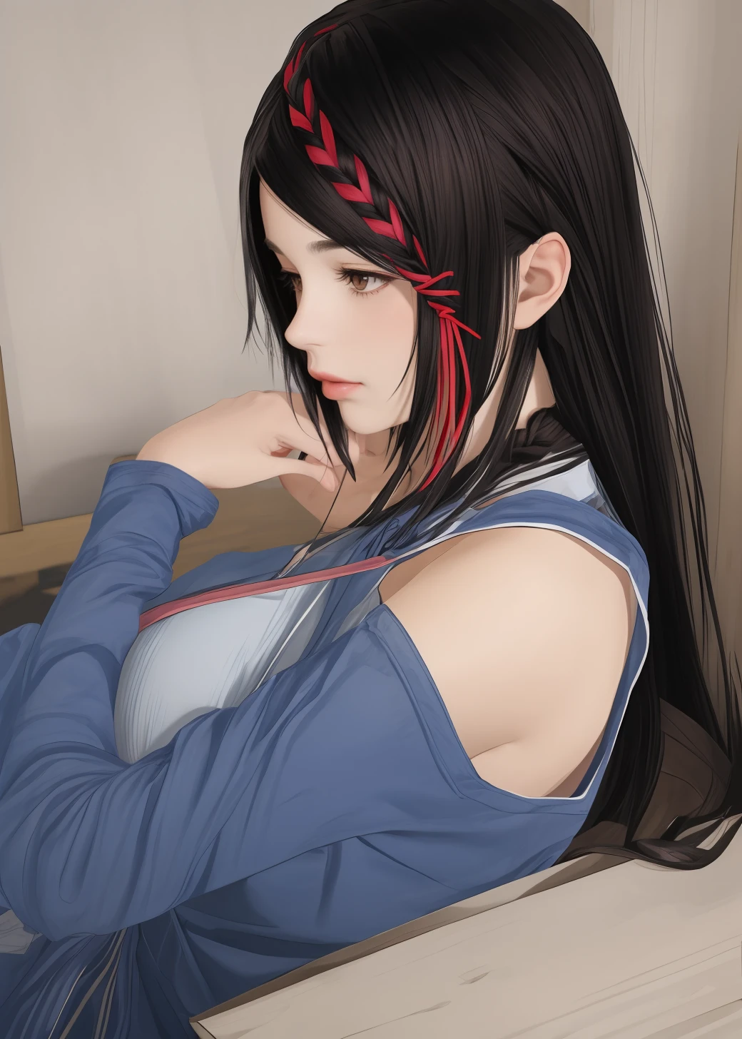 masterpiece,8k high quality detailed,highres,anime,<lora:velvia:0.6>,(solo:1.2),style \(illustraion\),full body,
<lora:AI_Girl_003_v2:0.65>,1girl,black hair,long hair,braid,multicolored hair,streaked hair,hair ribbon,ribbon,hair ornament,brown eyes,lips,medium breasts,chinese clothes,long sleeves,shoes,detailed_face,(Guilty, Downcast eyes, slumped shoulders, and a slightly ashamed expression.),(Hands clasped behind the head reclining),
<lora:more_details:0.4>,realistic clothing texture,realistic_skin_texture,