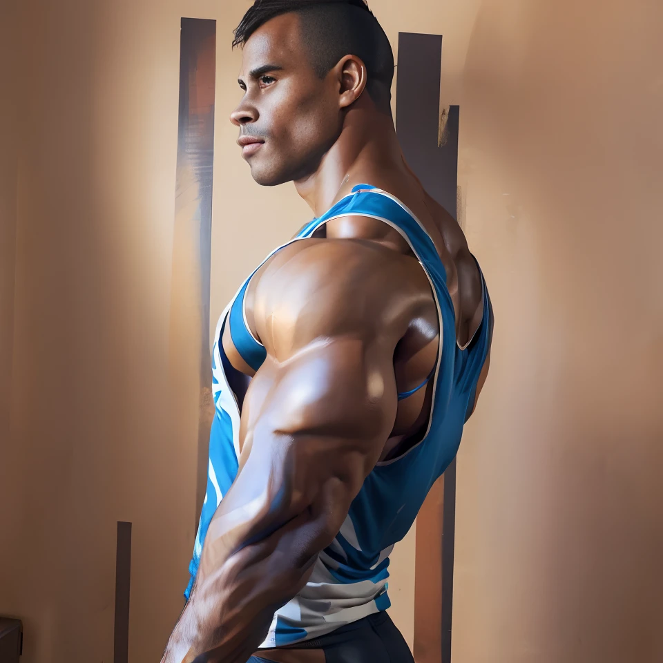 absurdres, highres, (dark-skinned male:1.2), (dark skin:1.3), <lora:RidderRivera:0.9>, ridderrivera, (muscular male:1.2), white tank top, from side, portrait, simple background