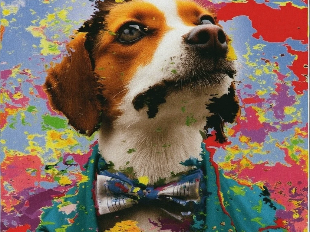 Scanographyart A dog with a bowtie and a formal attire. in this surreal vibrating scene