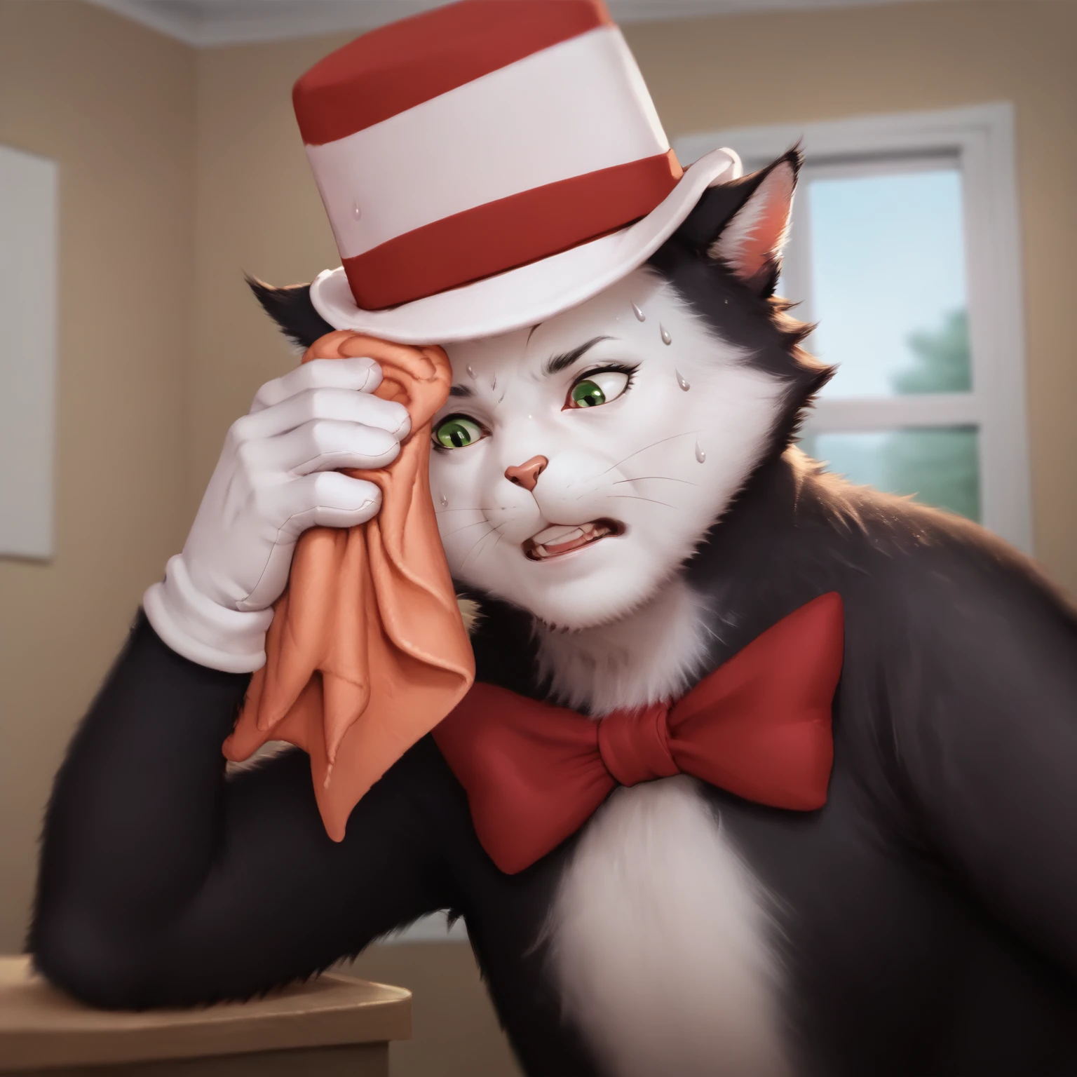 score_9, score_8_up, score_7_up, score_6_up, feral
Cat_in_the_Hat, black fur, white face, red-and-white striped hat, red bow, cat ears, green eyes, white gloves, SweatingTowelGuy, sweat, towel, wiping sweat, inside room, paws<lora:SweatingTowelGuy_XLPD:1>
<lora:Cat_in_the_Hat_XL:0.8>