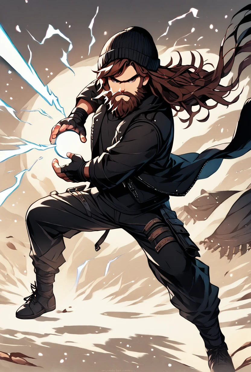 score_9, score_8_up, score_7_up  <lora:jeezo-08:1> jeezo, male focus, facial hair, beard, brown hair, long hair, beanie, black fingerless gloves, long  jacket, black headwear, black jacket, long sleeves, , Bandolier, ((detailed background,))    <lora:kamehameha charge stance:1> charge stance, kamehameha charge stance, , energy ball, aura, electricity