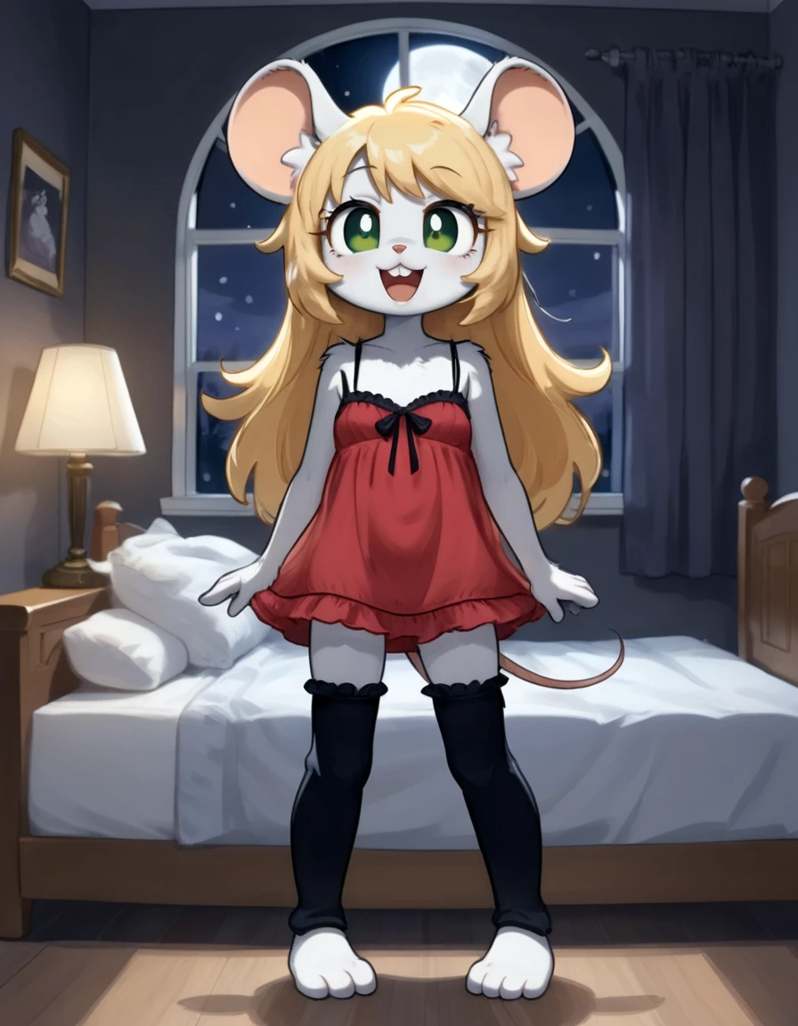 indoors,bedroom,night,bed,window,night sky,full moon,
Chloe,1girl,solo,long hair,blonde hair,animal ears,green eyes,furry female,mouse ears,mouse girl,mouse tail,body fur,white fur,bangs,animal nose,buck teeth,
full body,long eyelashes,standing,happy,
negligee,thighhighs,aged up,underwear,pose,
<lora:Chloe_v01_PDXL:1>,
<lora:add-detail-xl:1>,