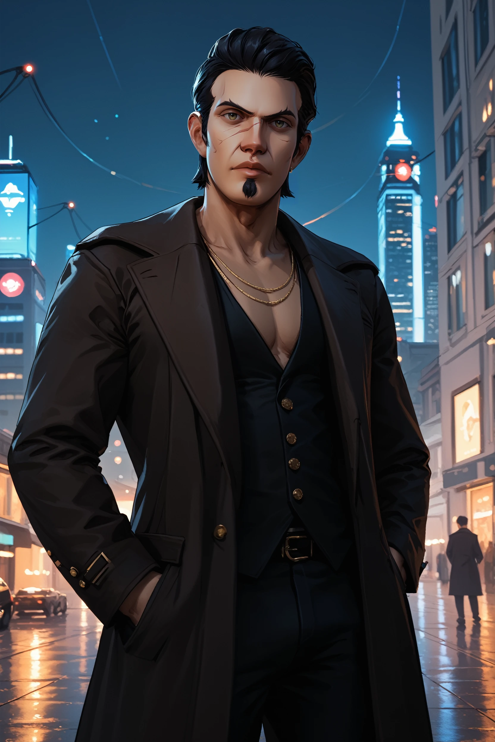 score_9, score_8_up, score_7_up,
<lora:WolfGrendel:0.8>
WolfGrendel, 1boy, black hair, short hair, beard, scar, looking at viewer, On a high-rise rooftop, sharp black trench coat, city lights below, hands in pockets