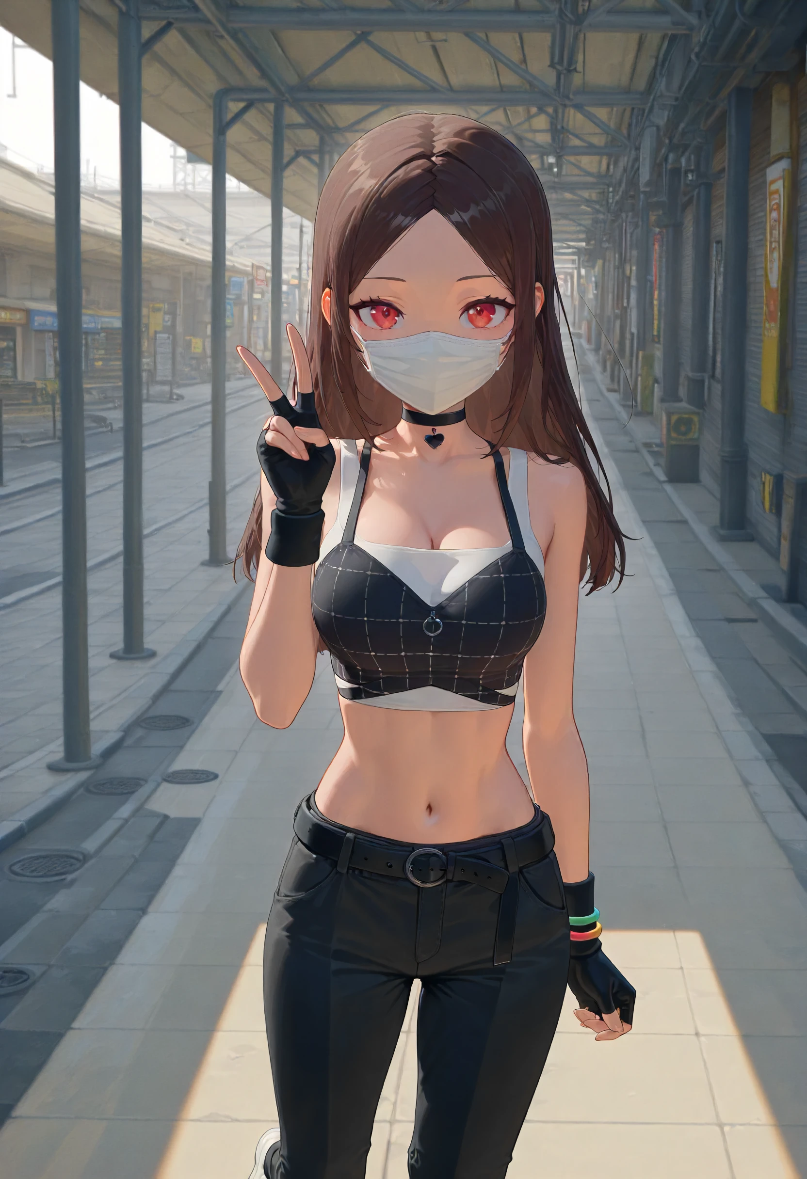 masterpiece, best quality, amazing quality, very aesthetic, absurdres, newest, scenery, volumetric lighting, perfect eyes, ultra detailed,
1girl, zzz masked npc, solo, brown hair, parted hair,  red eyes,
choker, black heart choker, white top, black top, square pattern top, zip, midriff, navel, fingerless gloves, blue and orange wrist bands, black pants, belt, white shoes, facial mask,
standing, looking at viewer, happy, ((peace sign)),
sixth street background, detailed background,
<lora:NPC_Nameless_masked_girl_-_Zenless_Zone_Zero_ZZZ__Illustrious:0.6>
masterpiece, best quality, amazing quality, very aesthetic, absurdres, newest, scenery, volumetric lighting, perfect eyes, ultra detailed,