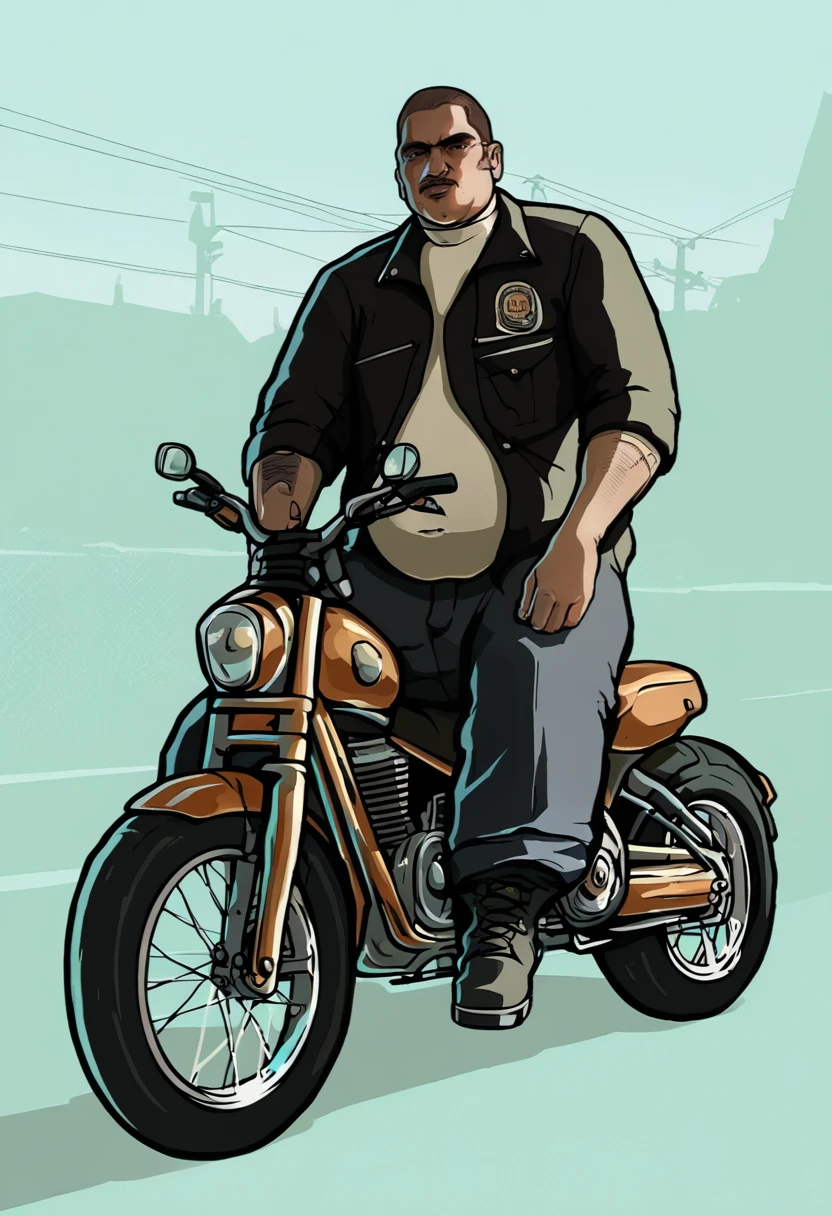 gta_sa_style, 1boy, solo, European middle-aged man, biker, sitting on oldschool motorbike, chubby,  boots, looking at viewer, leather outfit, outside,  <lora:GTA_SA_Style_PonyV1:1>, score_9, score_8_up, score_7_up,