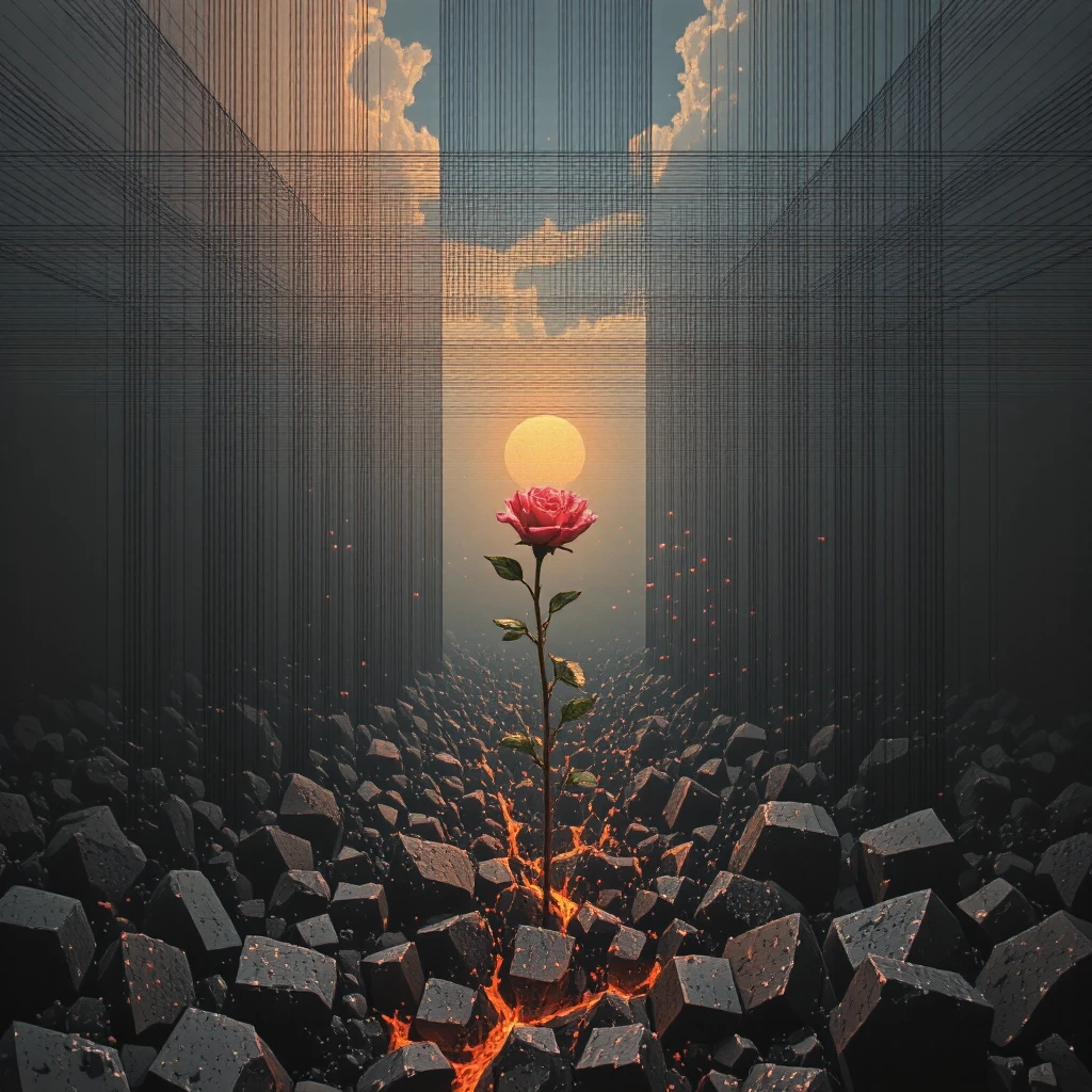 Symphonic abstraction, structured lines converging into geometric configurations, evoking harmony and deliberate movement structured lines geometric configurations visual harmony deliberate movement, Longing for Love Amid the Flames of Despair: A single rose blooming in the ashes of a ruined landscape.