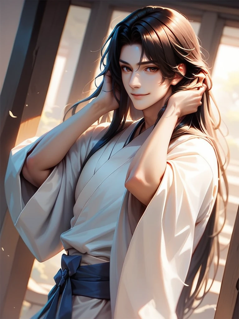 score_9, score_8_up, score_7_up, 1boy, hands on hair, looking at viewer, cowboy shot, smile, cute, wide shot, solo, dutch angle, detailed background,,
<lora:ADonghuaMaleXL_style:1>,DonghuaXLP, long sleeves, long hair, black hair, brown eyes, japanese clothes,