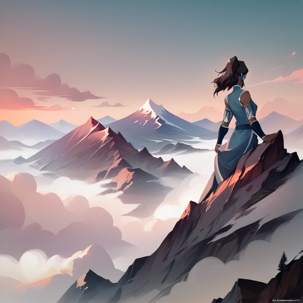 score_9, score_8_up, score_7_up, score_6_up, score_5_up, score_4_up, source_anime,rating_questionable, 1girl, solo, Korra, from behind, on mountain, <lora:Mountain_Top:0.7> mnt41n, outdoors, mountain, cloud, cliffs