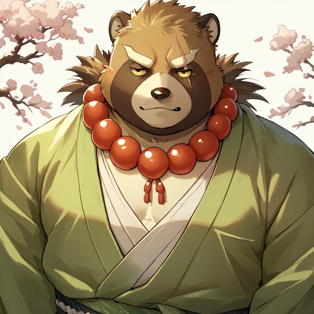 score_9, score_8_up, score_7_up, score_6_up, gyobu, tanuki, 1boy, bara, solo, eye scar, yellow sclera, plump, green kimono, bead necklace, <lora:Gyobu:.90>