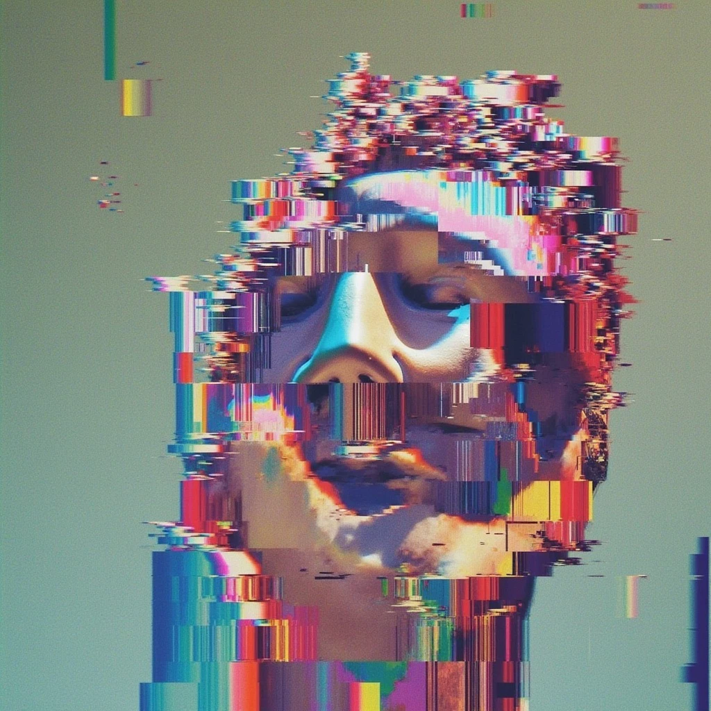  a colorful moving statue, glitchy