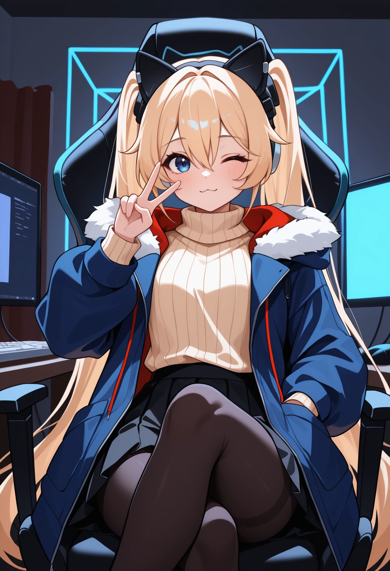 masterpiece, best quality, <break> solo, 1girl, m1chele, cat tail, :3, looking at viewer, sitting, gaming chair, crossed legs, v, long hair, blonde hair, hair between eyes, twintails, animal ear headphones, blue eyes, one eye closed, blue coat, fur-trimmed coat, open coat, long sleeves, fur-trimmed sleeves, white sweater, ribbed sweater, turtleneck, black skirt, pleated skirt, black pantyhose, indoors, bedroom, neon lights, computer, computer keyboard
<segment:yolo-Anzhc Face seg 640 v2 y8n.pt,0.4,0.5//cid=1>