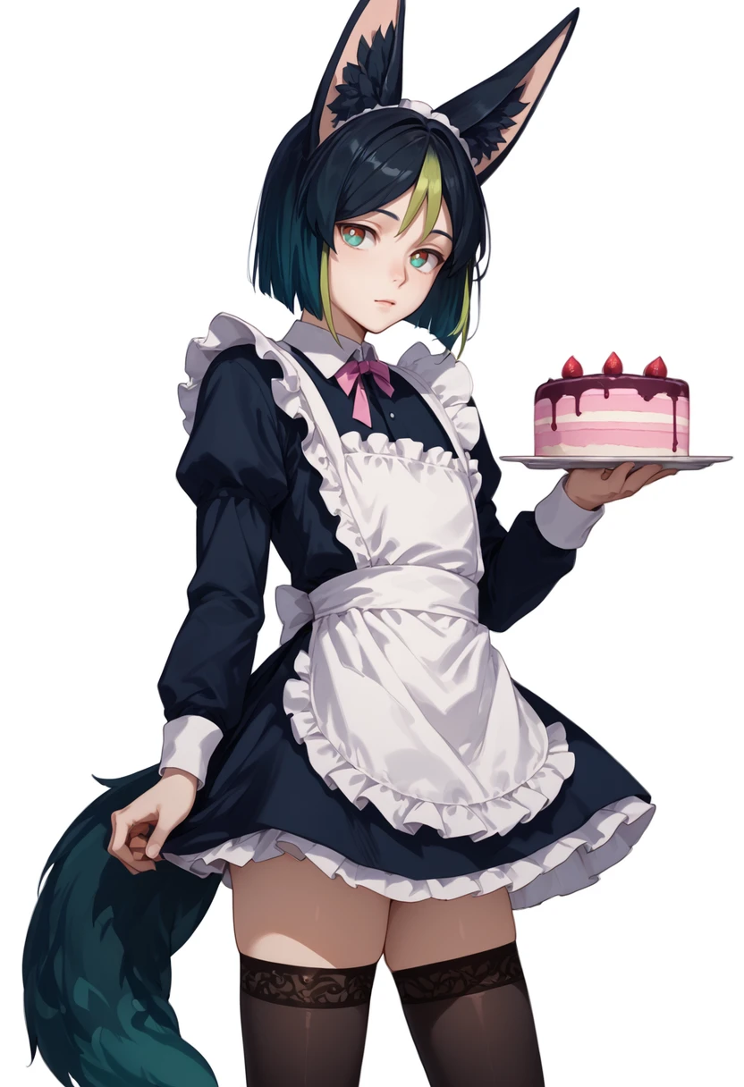 score_9, score_8_up, score_7_up, score_6_up, score_5_up, score_4_up, 

tighnari, male focus, 1boy, apron, fox tail, solo, maid, food, tail, thighhighs, alternate costume, cake, holding, simple background, maid apron, white background, long sleeves, crossdressing, dress