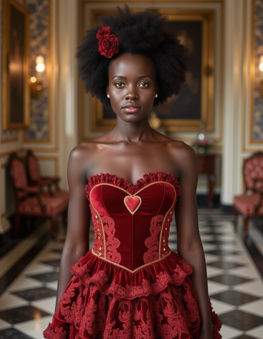 lupita-nyongo, she is standing in a palatial room with checkered flooring.  She is wearing an ornate red velvet dress with a heart across the chest and red is woven into her afro.  She is looking at the viewer with a neutral expression and closed mouth.  <lora:flux_lupita-64:1.1>