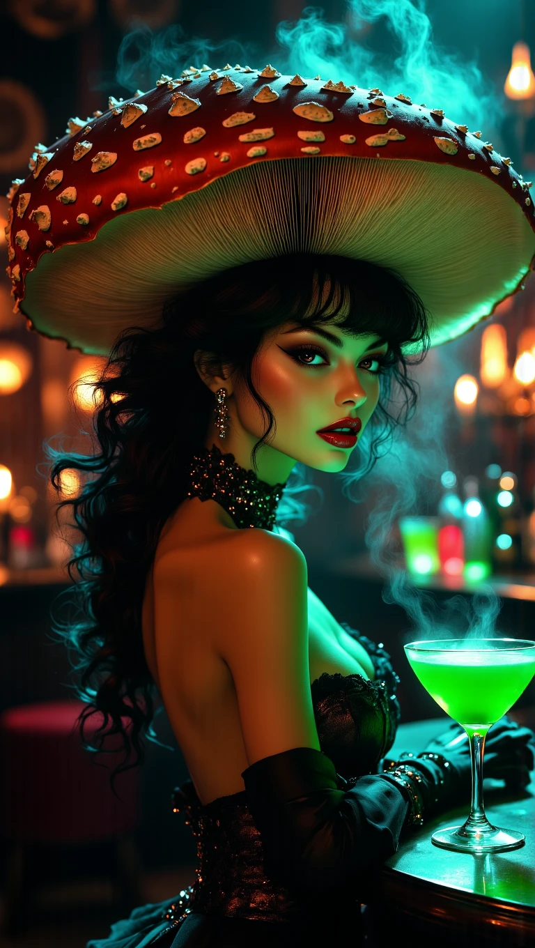 mythp0rt, MushroomHat,

In a dimly lit speakeasy with smoky air and velvet drapes, a sultry figure leans against the bar, drawing every gaze in the room. Her mushroomhat with a soft velvety texture, casts shadows over her smoldering eyes. She sips a glowing green elixir, her crimson lips curving into a knowing smile as she surveys the room. The ambient jazz music and flickering candlelight add to the intoxicating allure of her mysterious presence.