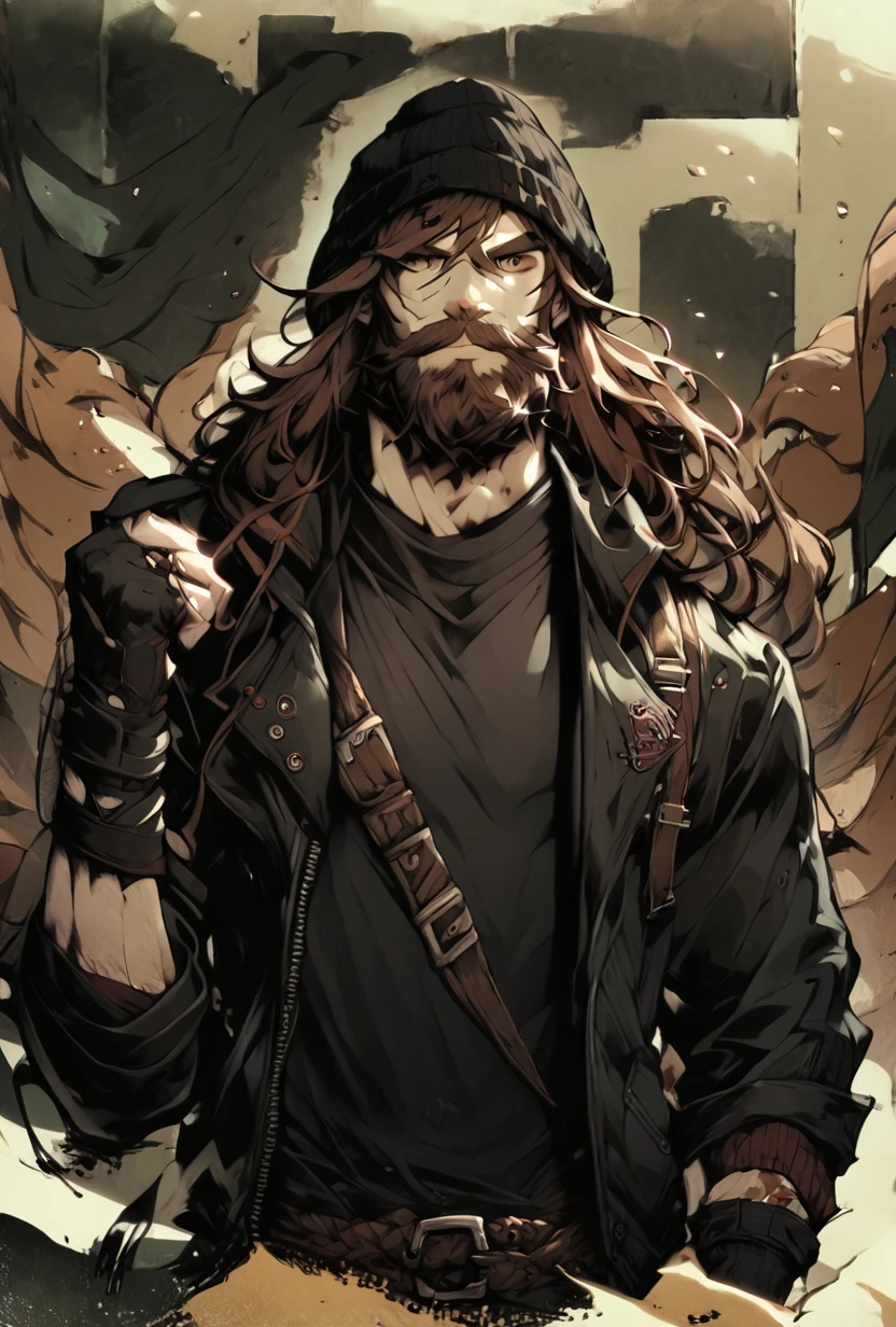 score_9, score_8_up, score_7_up  <lora:jeezo-10:1> jeezo, male focus, facial hair, beard, brown hair, long hair, beanie, black fingerless gloves, long  jacket, black headwear, black jacket, long sleeves, , Bandolier, ((detailed background,))   <lora:dramatic_artstyle:1> dramaticart