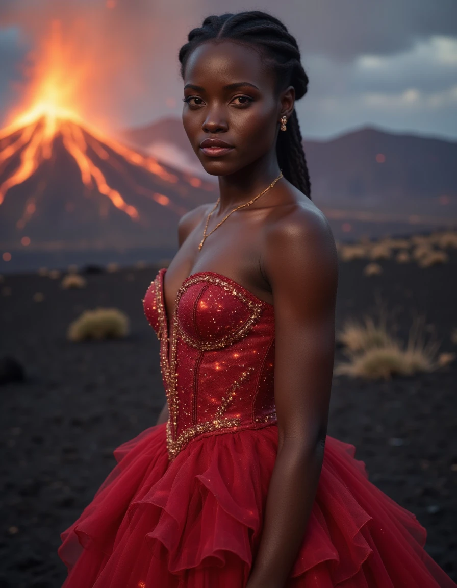 lupita-nyongo is standing in front of an erupting volcano with glowing lava and is wearing an elegant red dress with glowing trails of glitter running down the dress.  She has a braided hairstyle and is looking at the viewer with a serious expression.  Portrait.    <lora:Glowing_Galaxy_Cracks_Flux:0.6>  <lora:flux_lupita-64:1.1>