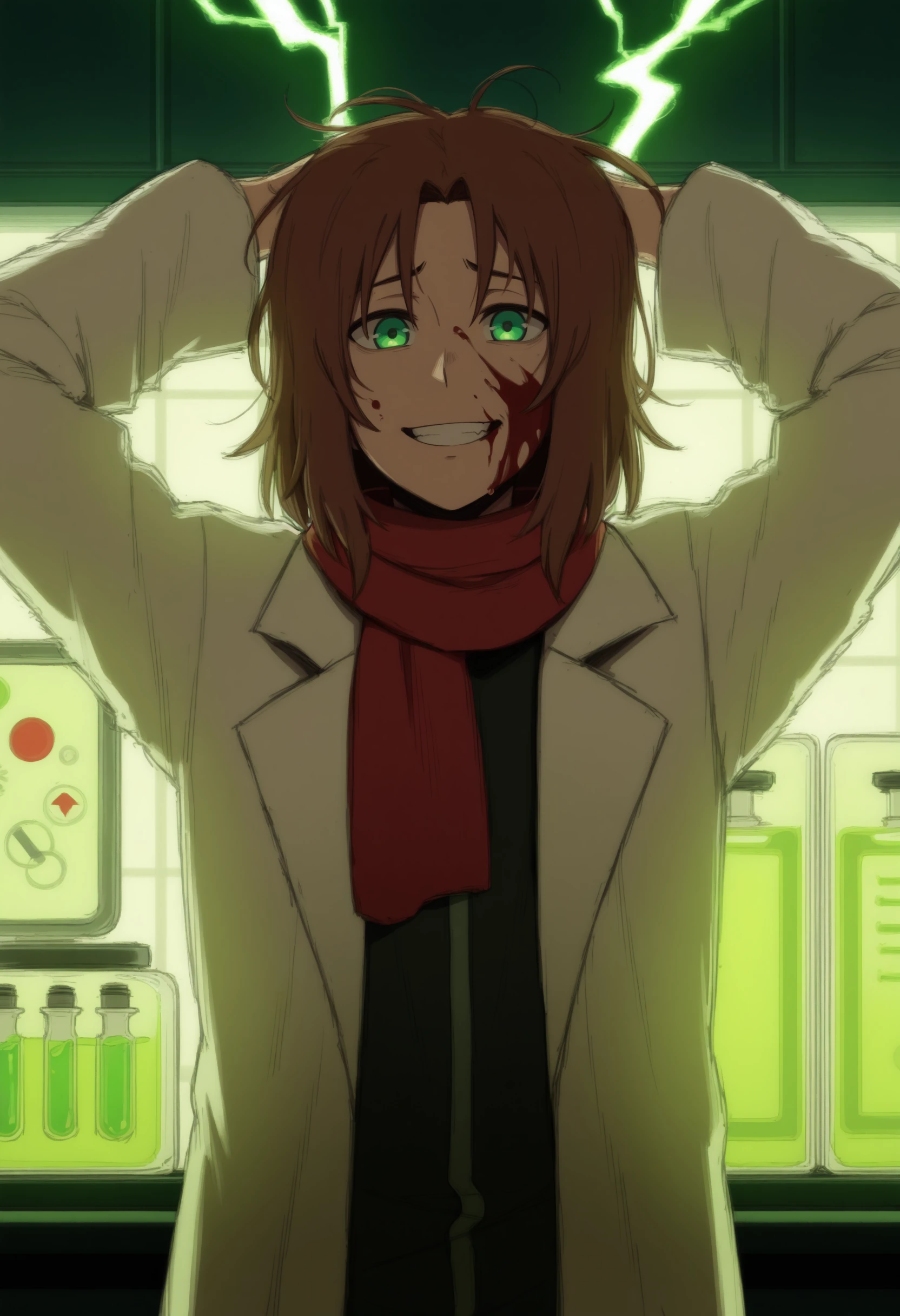 masterpiece, best quality, 1boy, solo, <lora:NSLithuaniaHetalia:1> NSLithMisc, brown hair, medium hair, green eyes, red scarf, long scarf, white coat, lab coat, arms up, green lightning, lab, tesla coils, vials, messy hair, high contrast, indoors, grin, blood on face