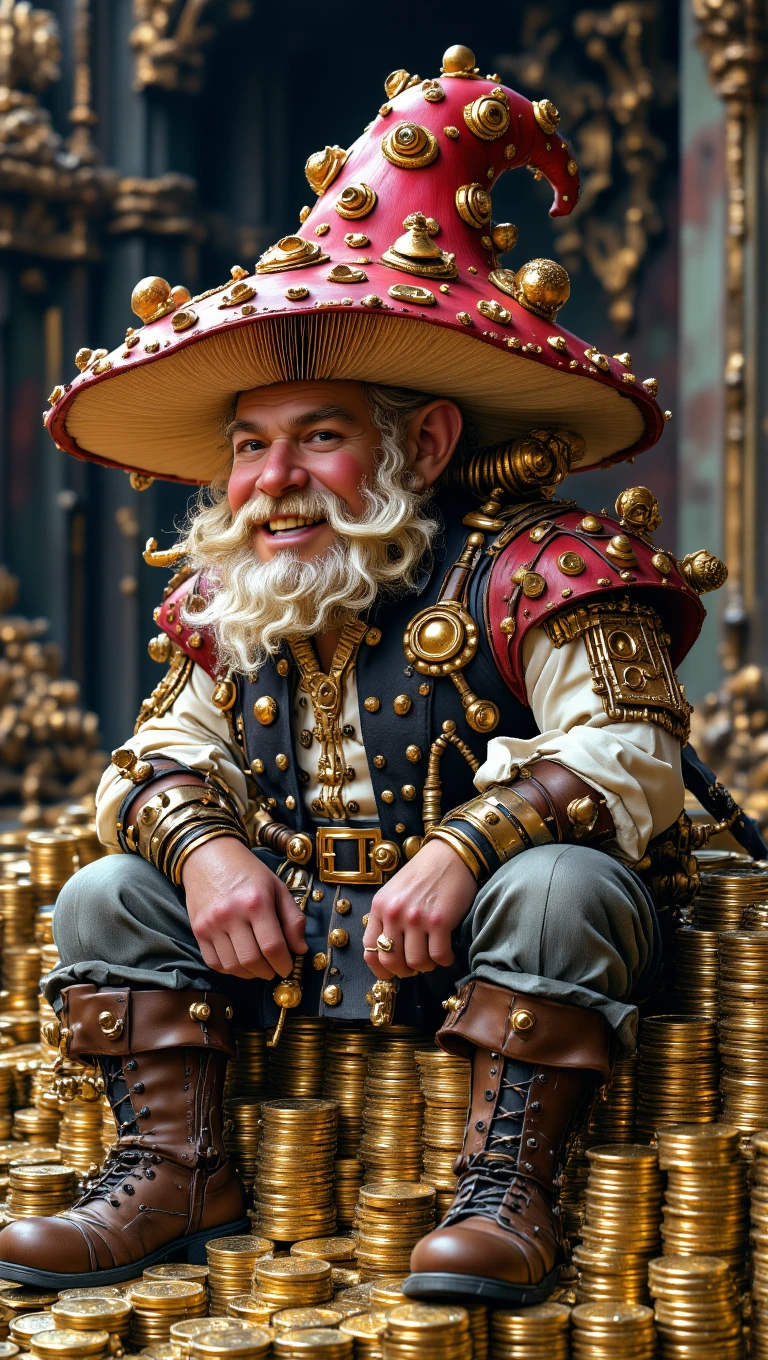 MushroomHat, mythp0rt,  
An ugly gnome boss with a large nose and a giant, dramatic MushroomHat with steampunk decorations is sitting on a pile of gold coins in a bank vault. Stacks of gold coins. Stacks of gold bars. The gnome is wearing a steampunk thief outfit. he seems happy.