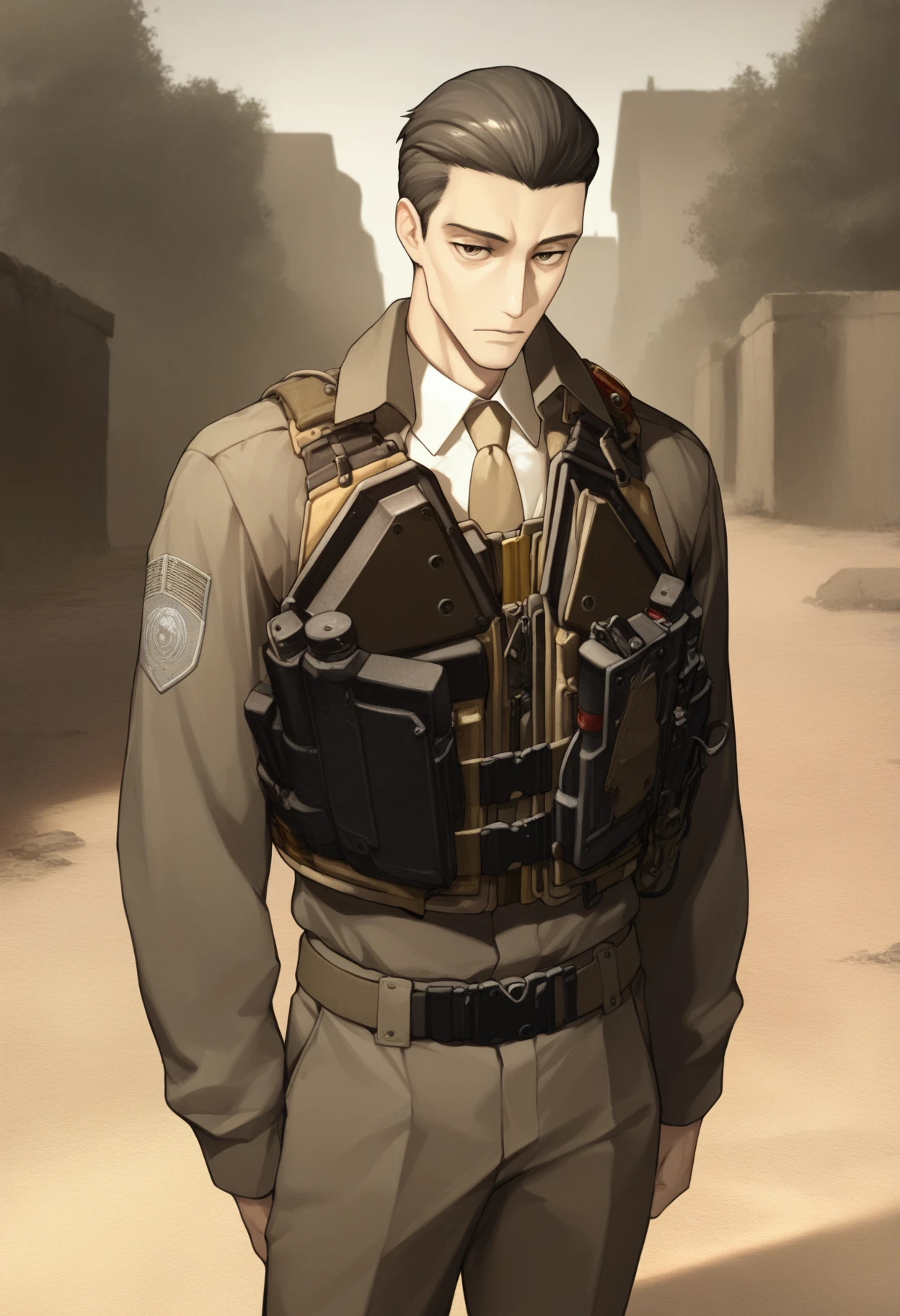 masterpiece, best quality, <lora:oswald-nikke-richy-v1_ixl:1> 1boy, solo, male focus, oswald, brown eyes, black hair, hair slicked back, short hair, jacket, collared shirt, brown necktie, bulletproof vest, pants, military uniform, standing, outdoors, looking at viewer, expressionless,